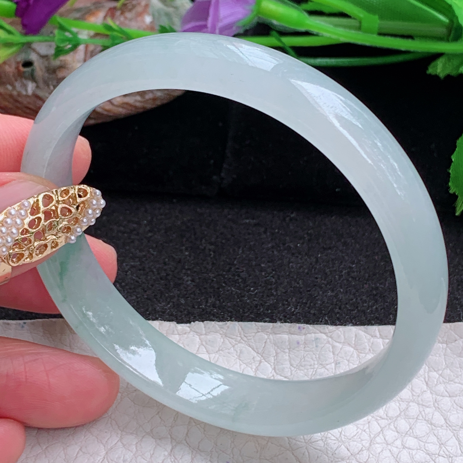 js实拍58*12*6.3平安镯 天然缅甸翡翠a货手镯冰飘花正圈玉镯子