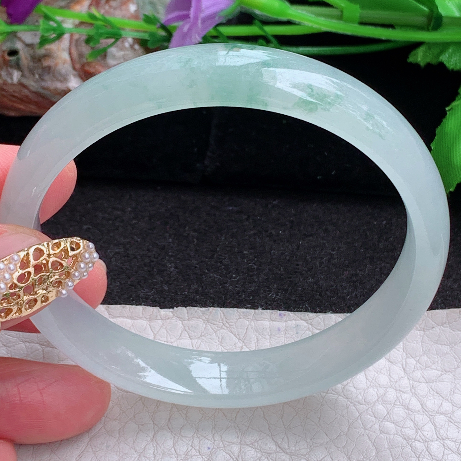 js实拍58*12*6.3平安镯 天然缅甸翡翠a货手镯冰飘花正圈玉镯子