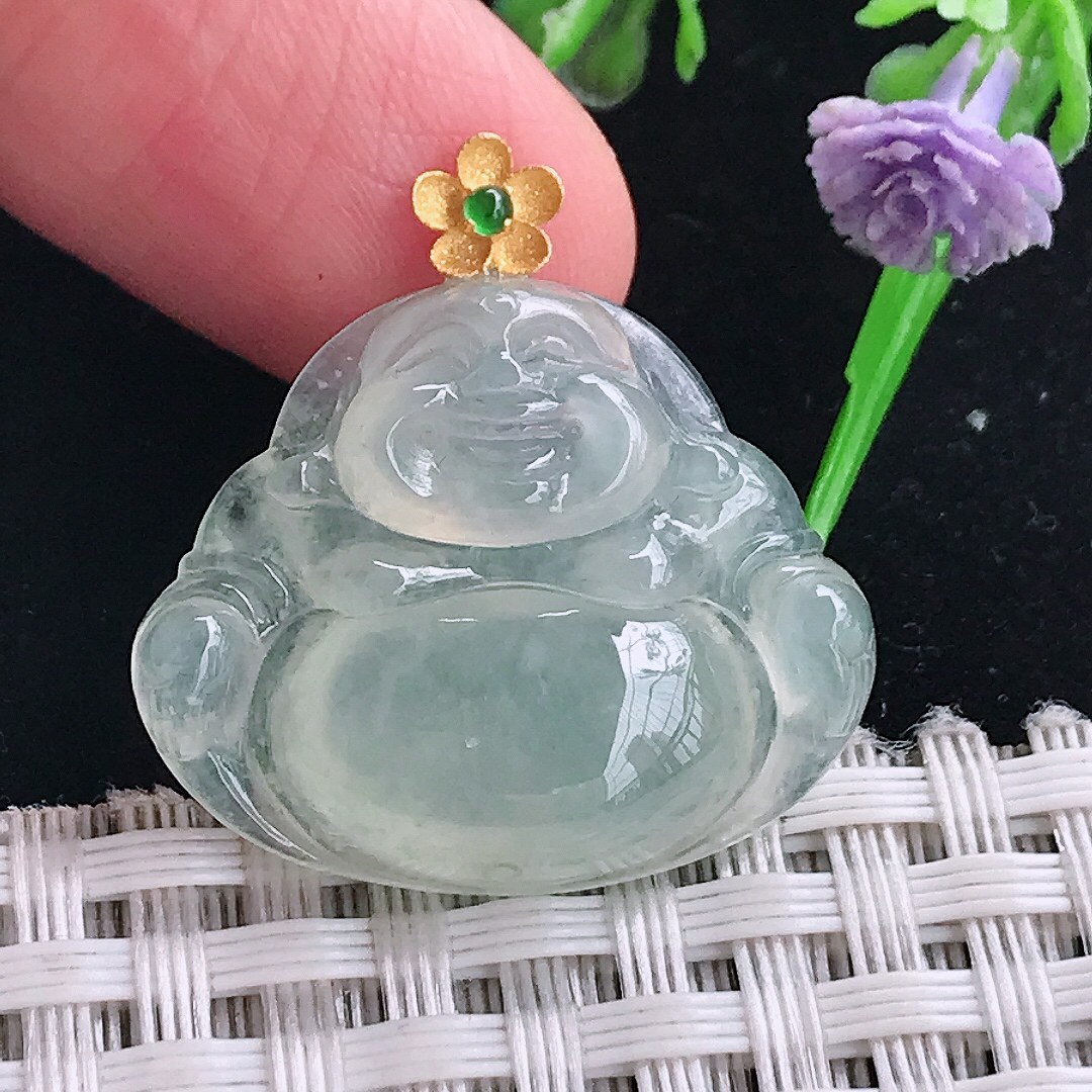 自然光21.6/26.3/6.1老坑18k金镶嵌冰晴佛公吊坠翡翠玉佛挂件