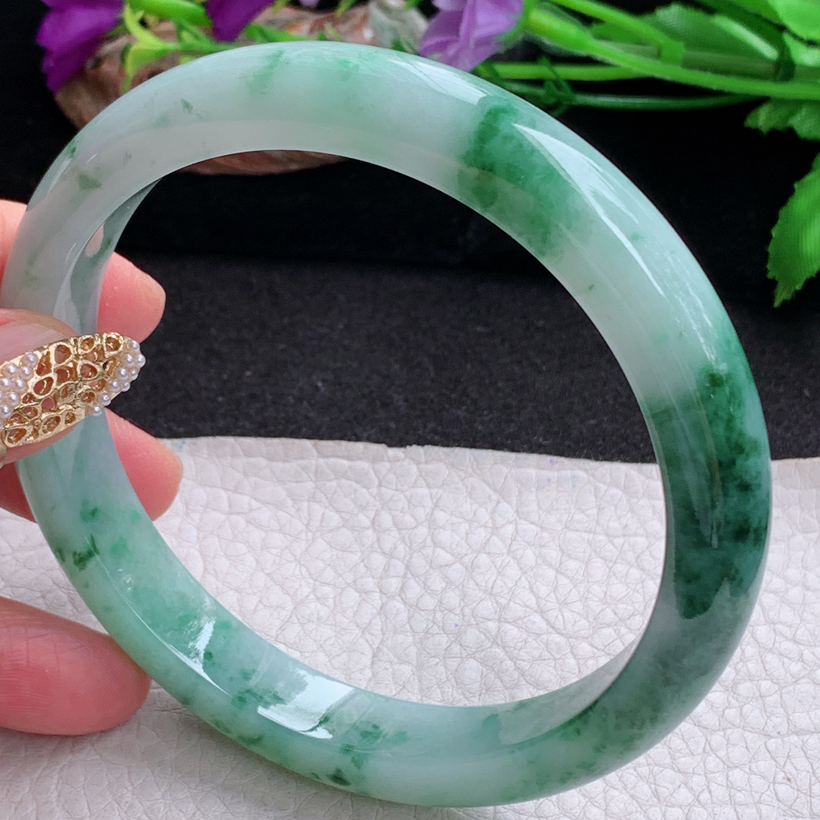 js大圈口71*12.3*9臂镯 天然缅甸翡翠a货手镯飘花大气正圈玉镯子