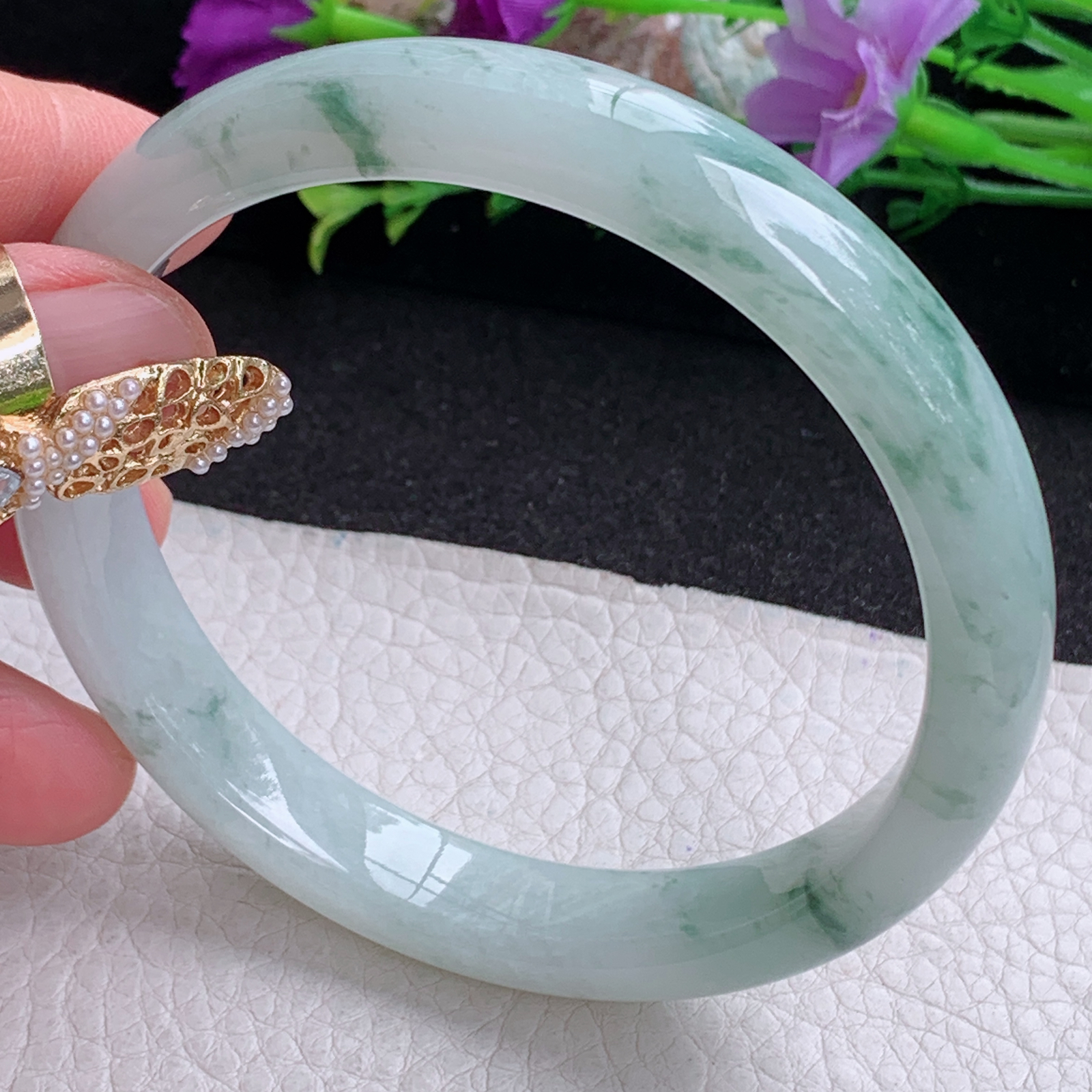 xc大圈口65.5*12.3*7.6平安镯 天然缅甸翡翠a货手镯冰飘花大气正圈玉镯子