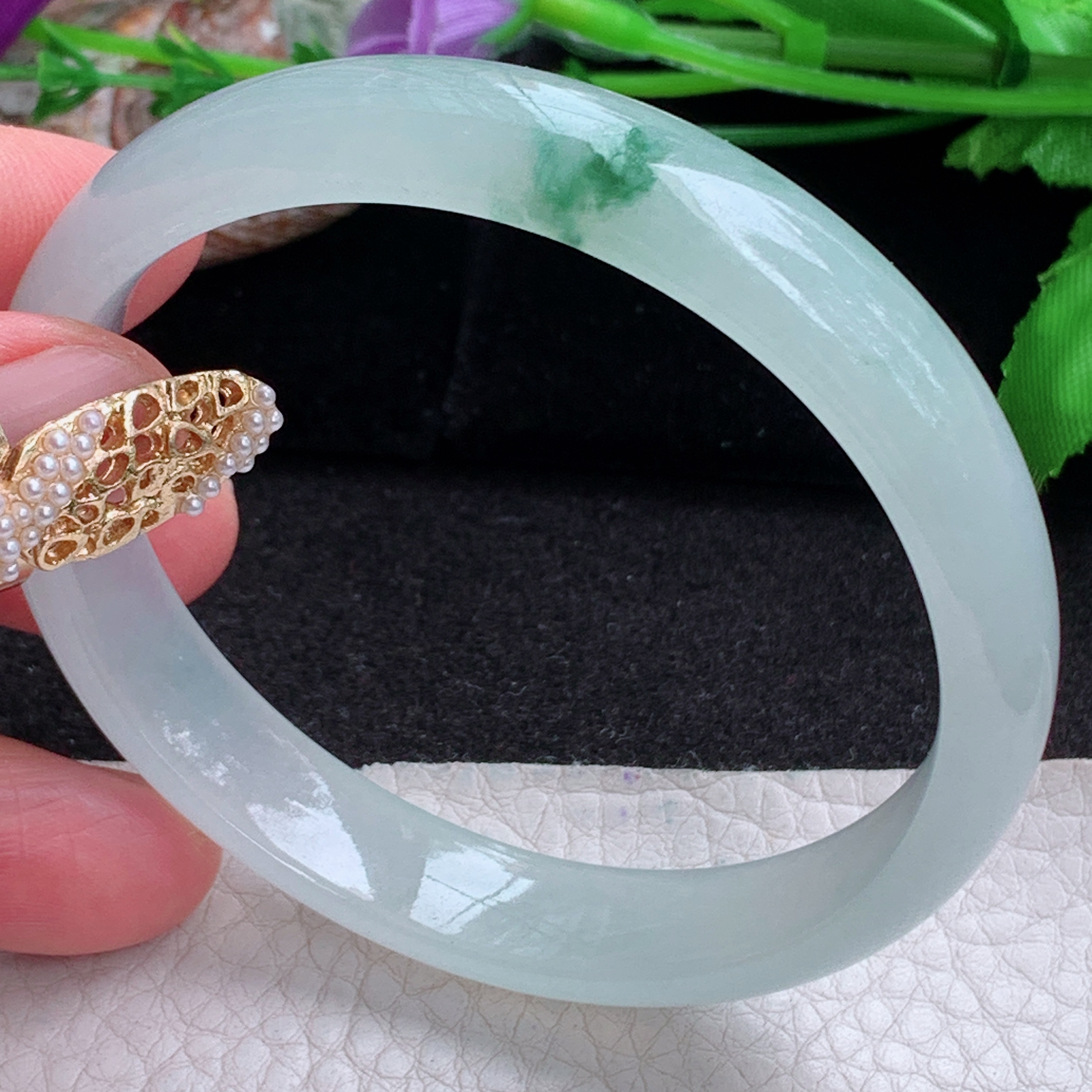 js实拍58*12*6.3平安镯 天然缅甸翡翠a货手镯冰飘花正圈玉镯子