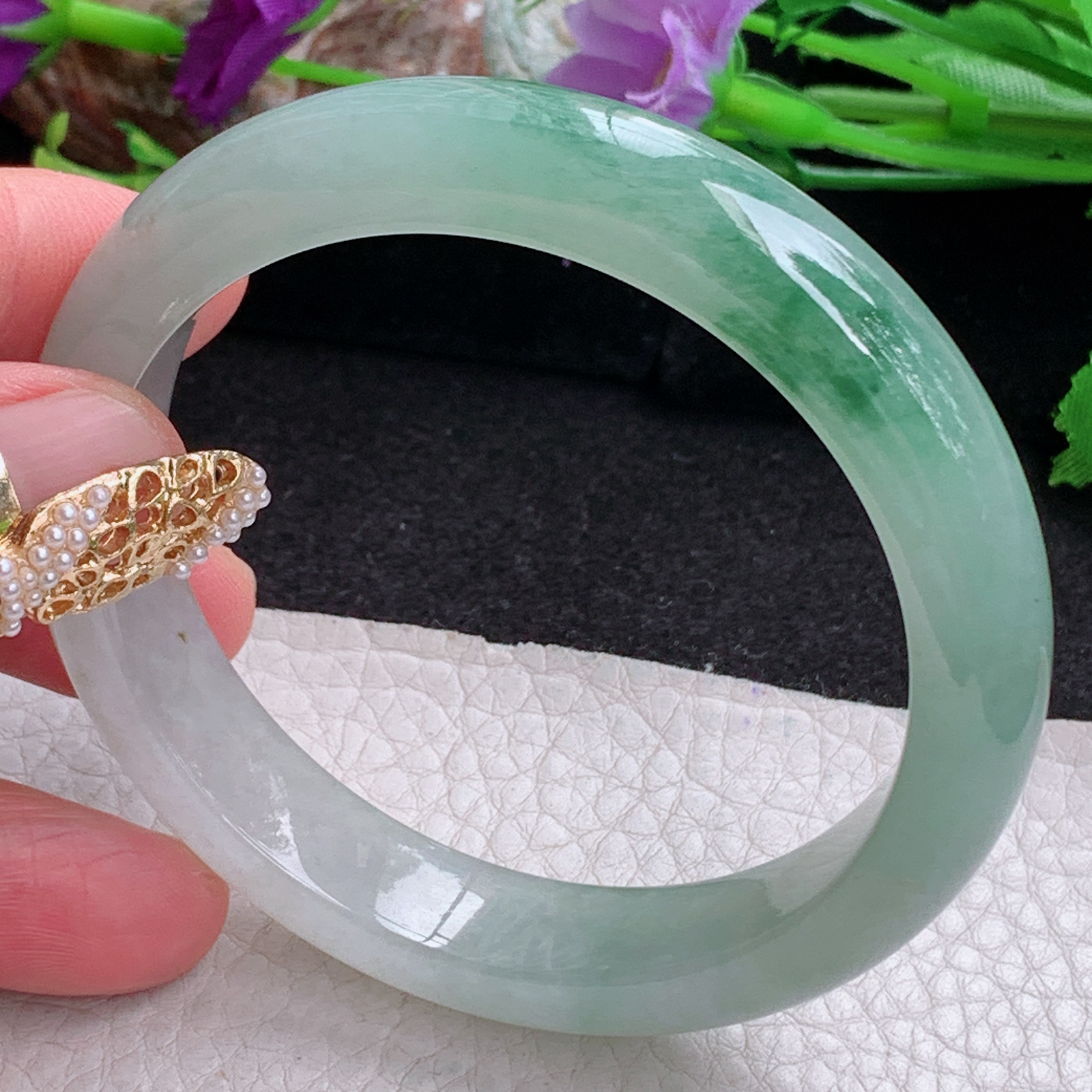 fx实拍57*12*8.3平安镯 天然缅甸翡翠a货手镯女款冰飘花正圈玉镯子