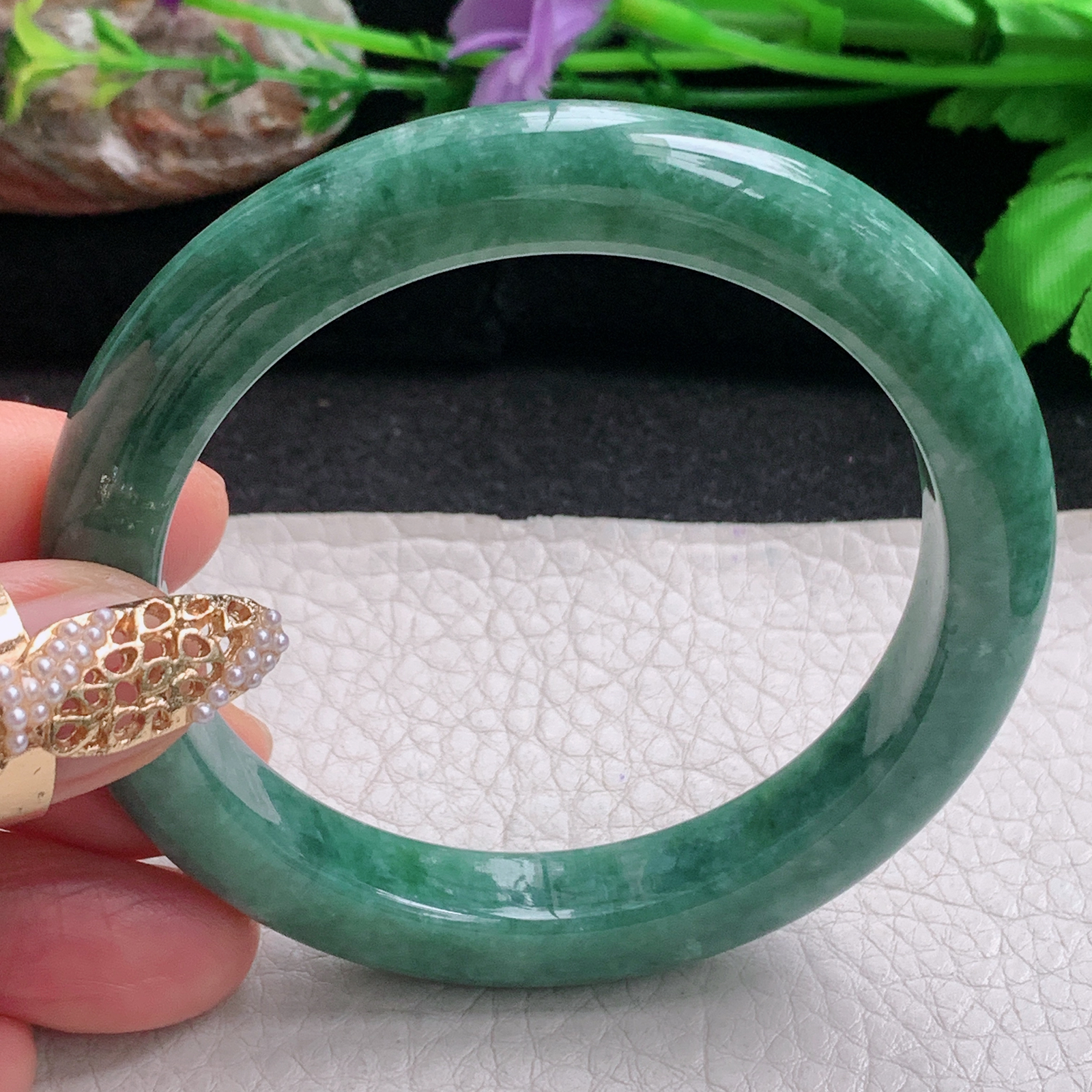 n实拍56*10*9平安镯 天然缅甸翡翠a货手镯满绿正圈玉镯子