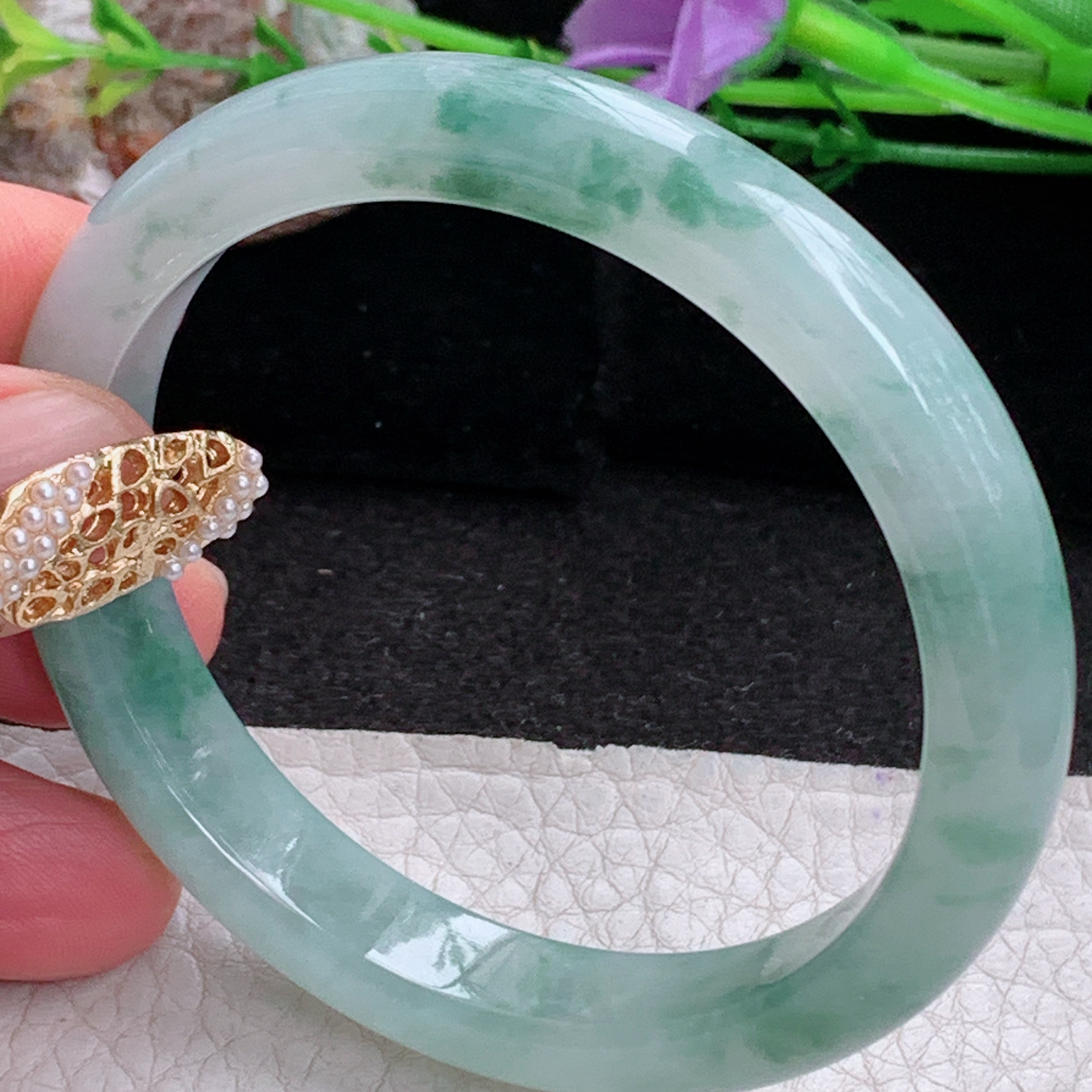 n实拍53.5*10.2*7.3平安镯 天然缅甸翡翠a货手镯冰飘花正圈玉镯子