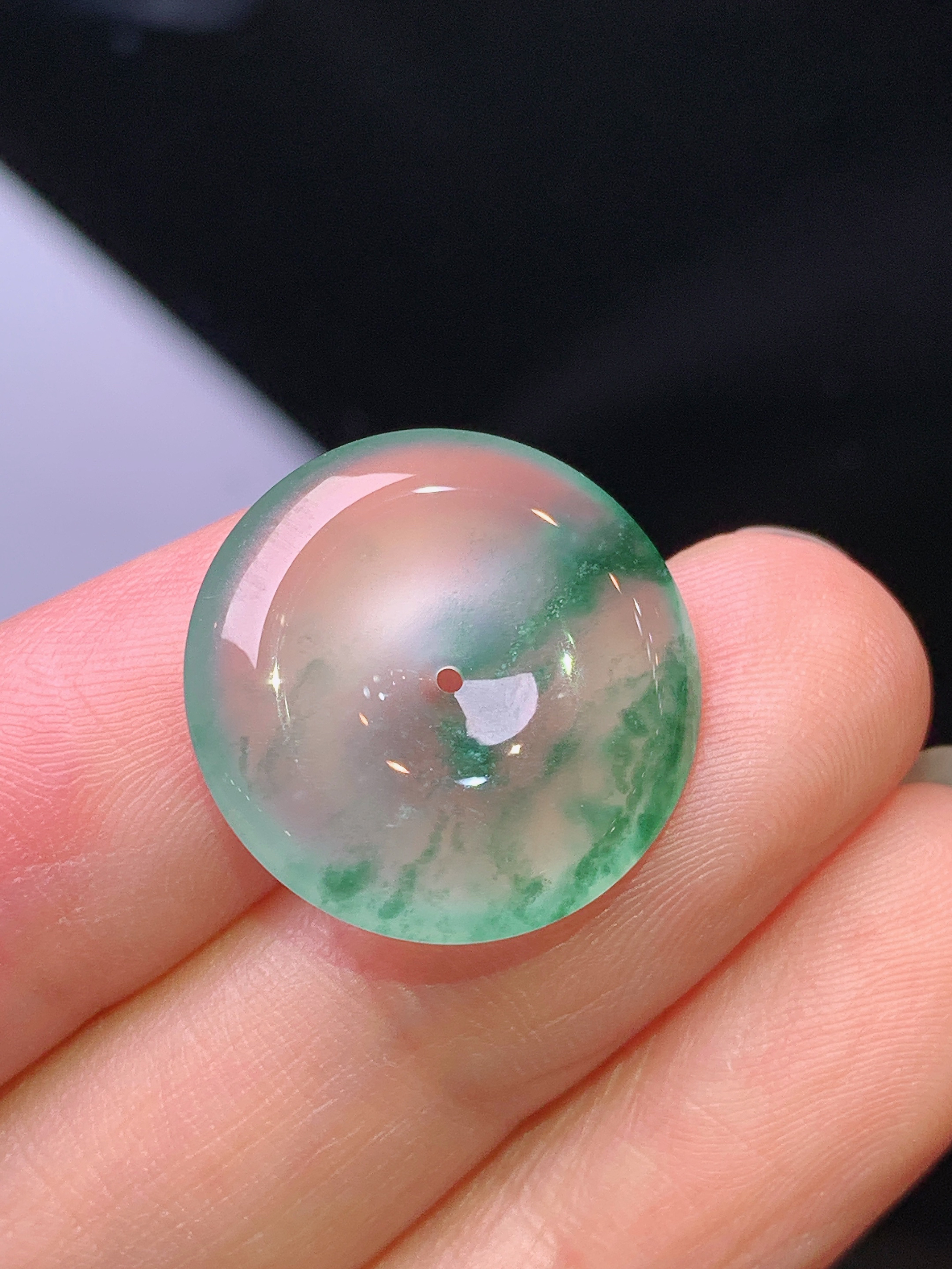 玻璃种飘花平安扣吊坠 玉质细腻 色泽艳丽清新 水润亮眼 整体尺寸18.8*3.8m5