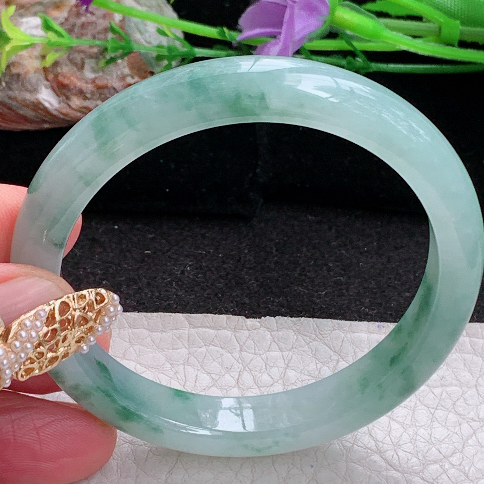 n实拍53.5*10.2*7.3平安镯 天然缅甸翡翠a货手镯冰飘花正圈玉镯子