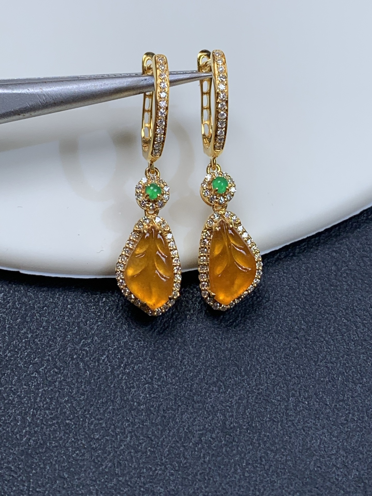 ️18k金镶嵌冰黄叶子耳包26.5-7.3-4.5，裸石9-5.3-2.3