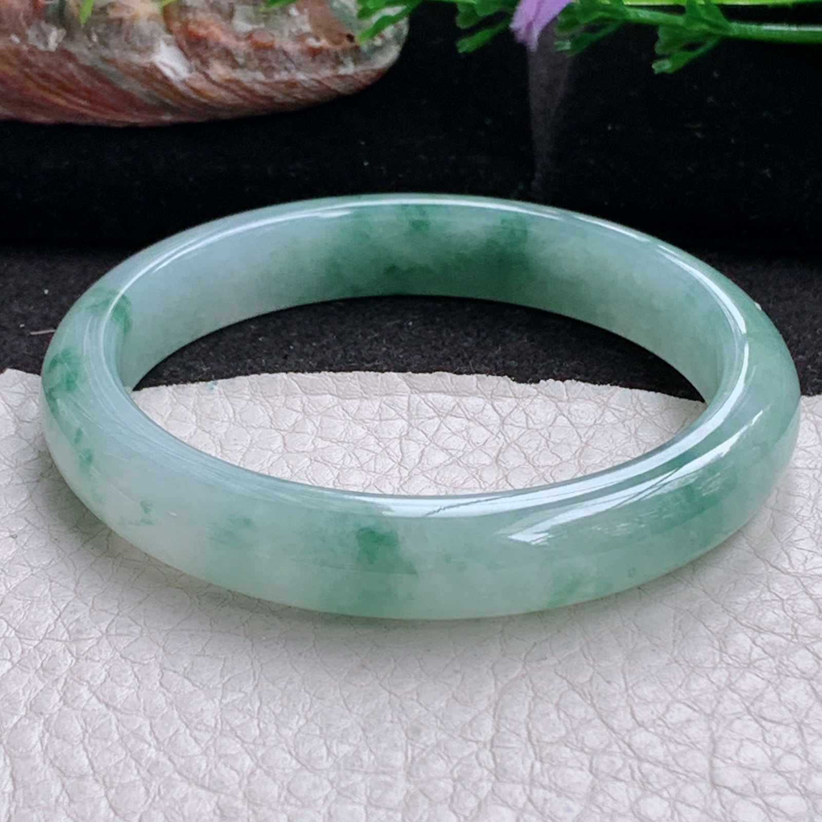 n实拍53.5*10.2*7.3平安镯 天然缅甸翡翠a货手镯冰飘花正圈玉镯子