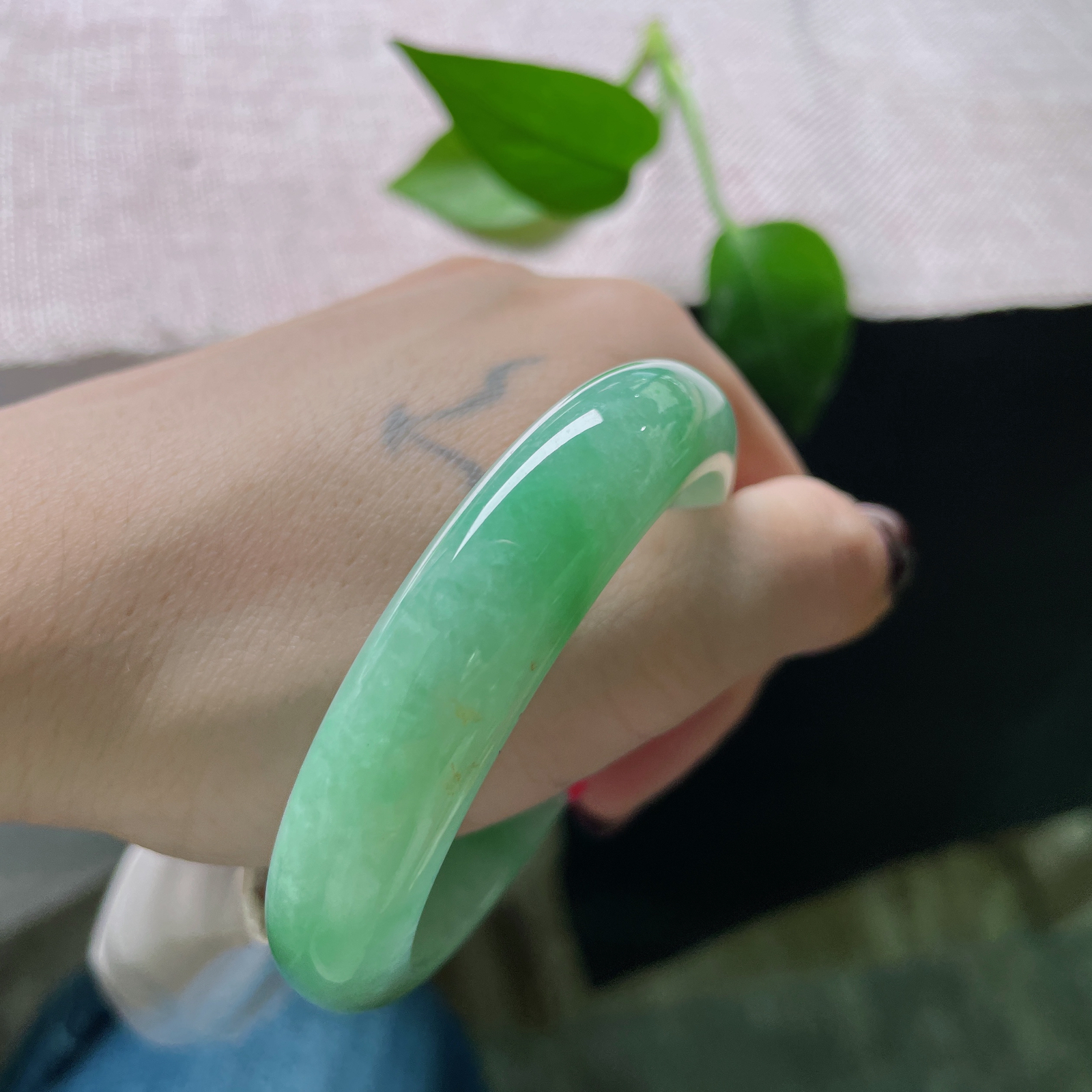 53/12.7/7.9，绿底正圈，像初夏清晨，沾着露珠的天鹅绒叶片，那种厚重又柔软的颜色。洒金，皮纹，ss51654a..