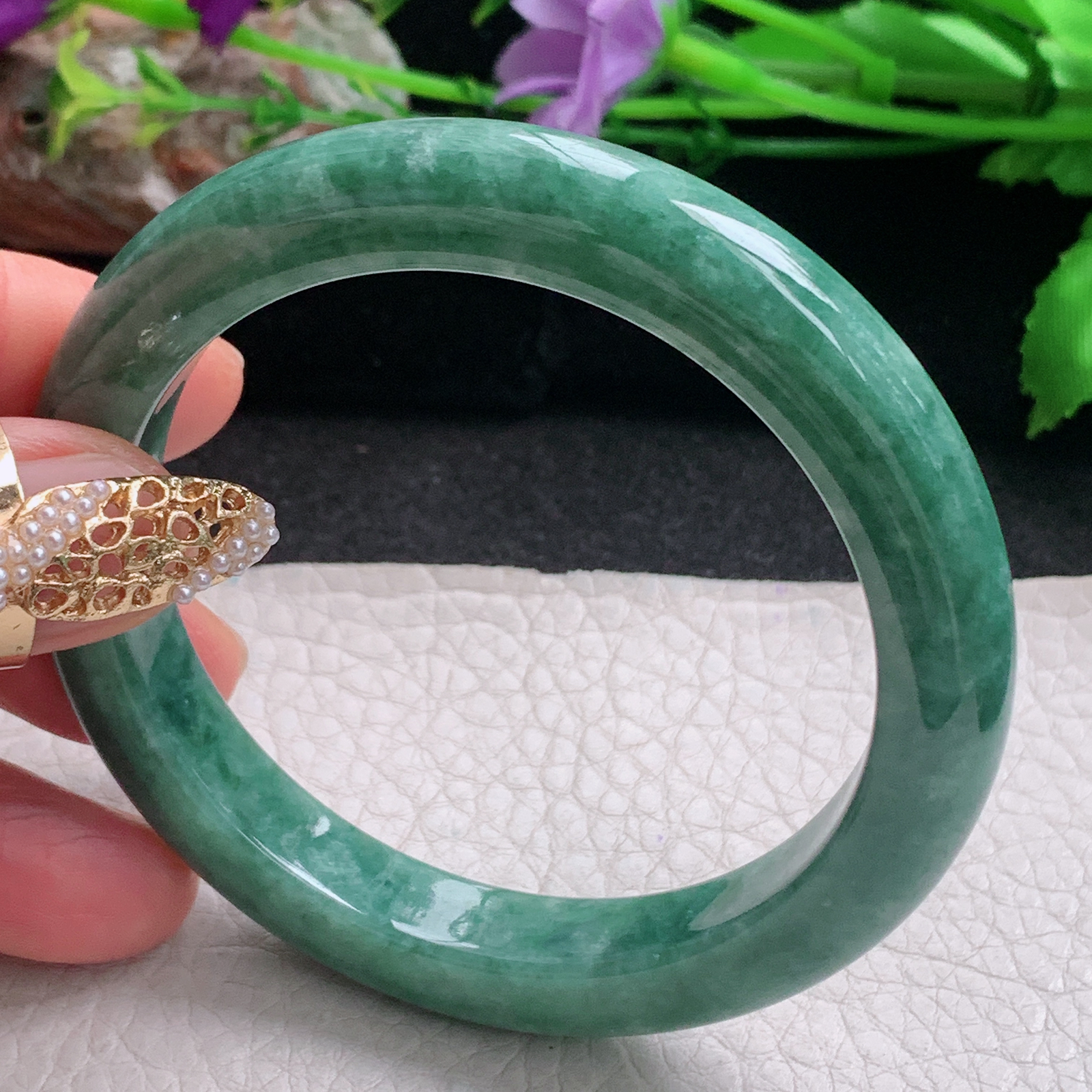 n实拍56*10*9平安镯 天然缅甸翡翠a货手镯满绿正圈玉镯子