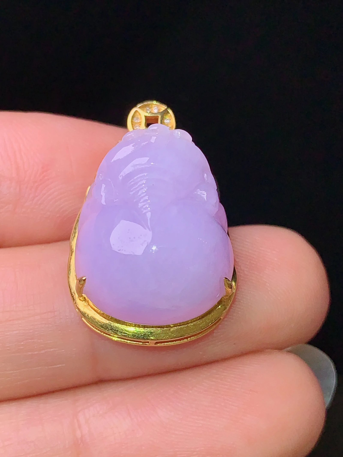 18k金镶嵌紫罗兰貔貅吊坠 玉质细腻 色泽艳丽  整体尺寸24.5*15.5*11