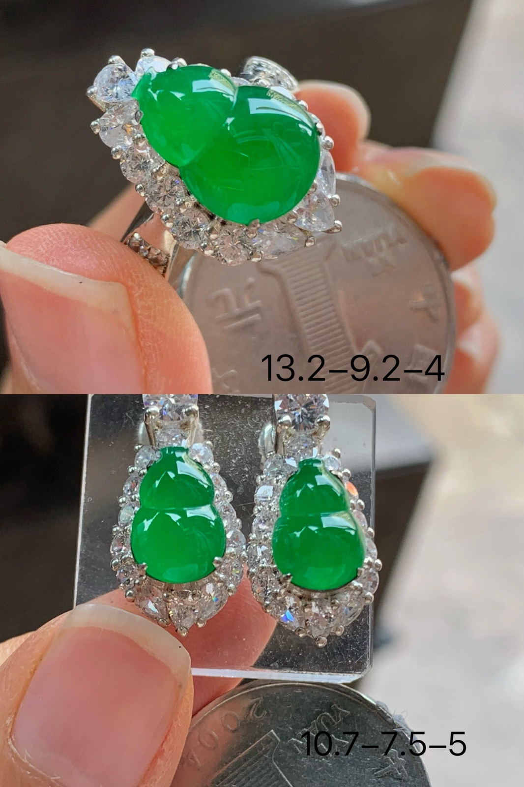 冰绿葫芦套装^_^戒指耳钉一套 铜托 鲜艳 水润