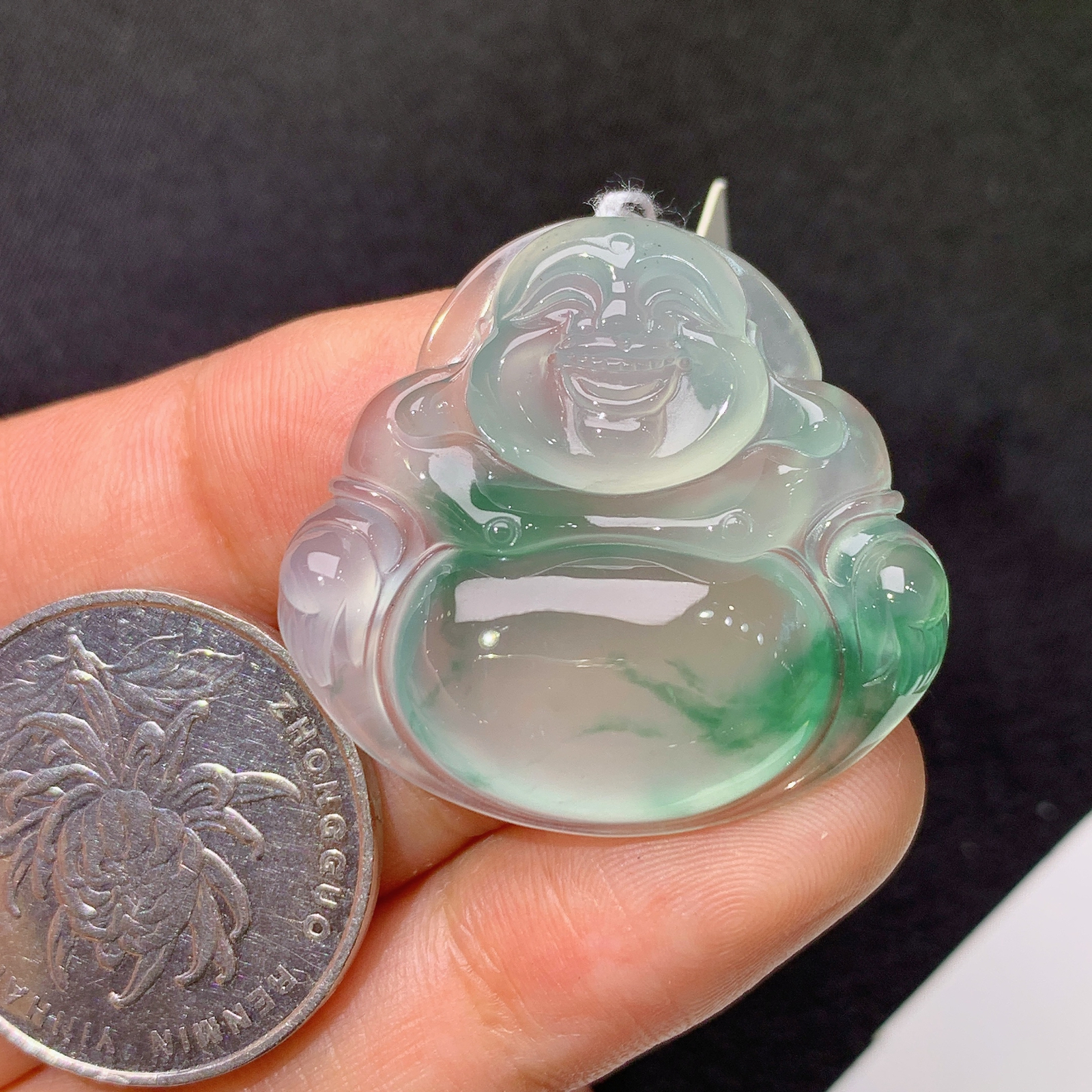 冰飘花笑佛吊坠 冰冰润润，玉质细腻，品相好，种水足，Fl 尺寸29.3*31.7*6.3