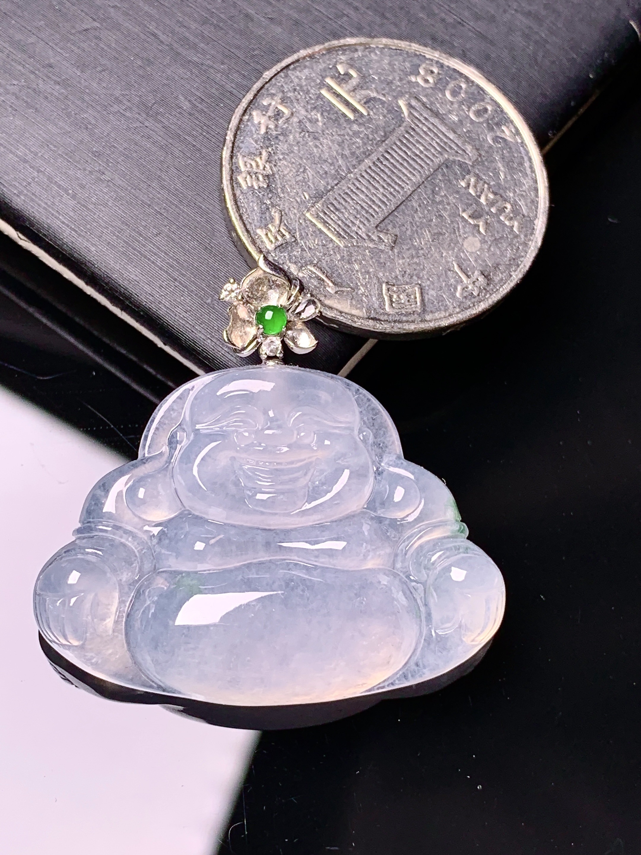 18k金钻镶嵌冰种佛公吊坠 玉质细腻 色泽艳丽清新 水润亮眼 整体尺寸30.8*32.5*5.8c1