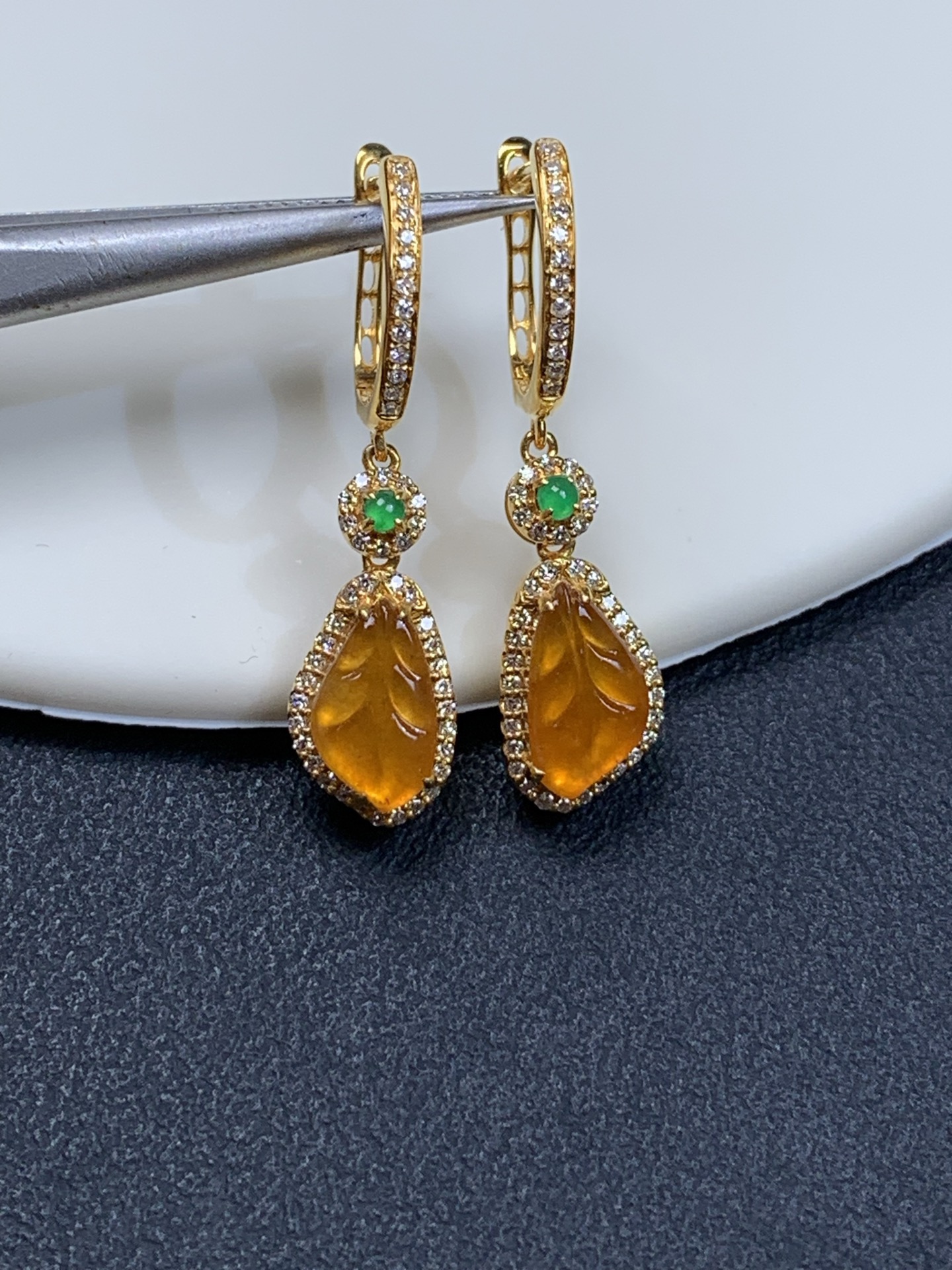 ️18k金镶嵌冰黄叶子耳包26.5-7.3-4.5，裸石9-5.3-2.3