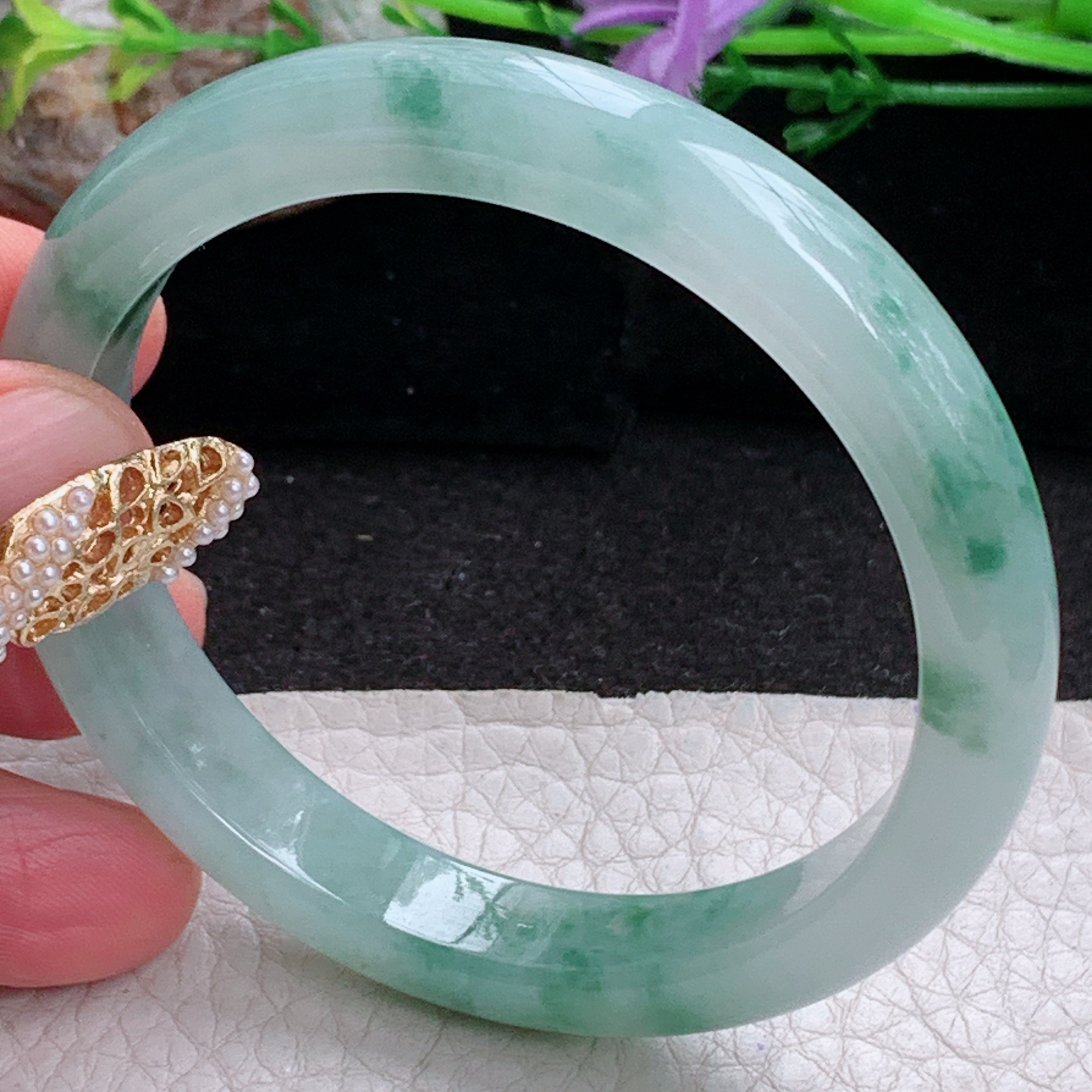 n实拍53.5*10.2*7.3平安镯 天然缅甸翡翠a货手镯冰飘花正圈玉镯子