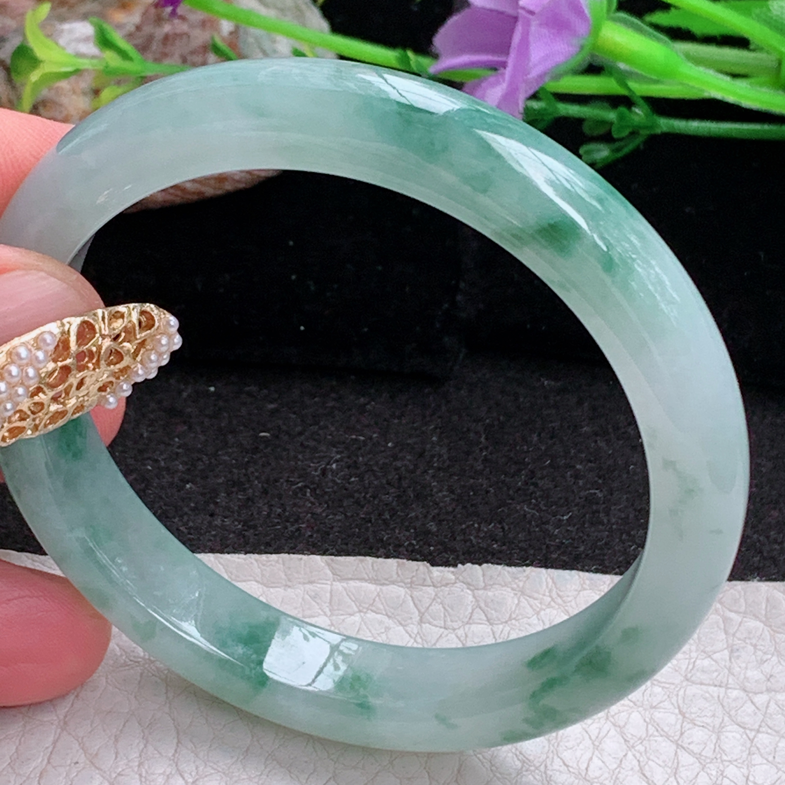 n实拍53.5*10.2*7.3平安镯 天然缅甸翡翠a货手镯冰飘花正圈玉镯子