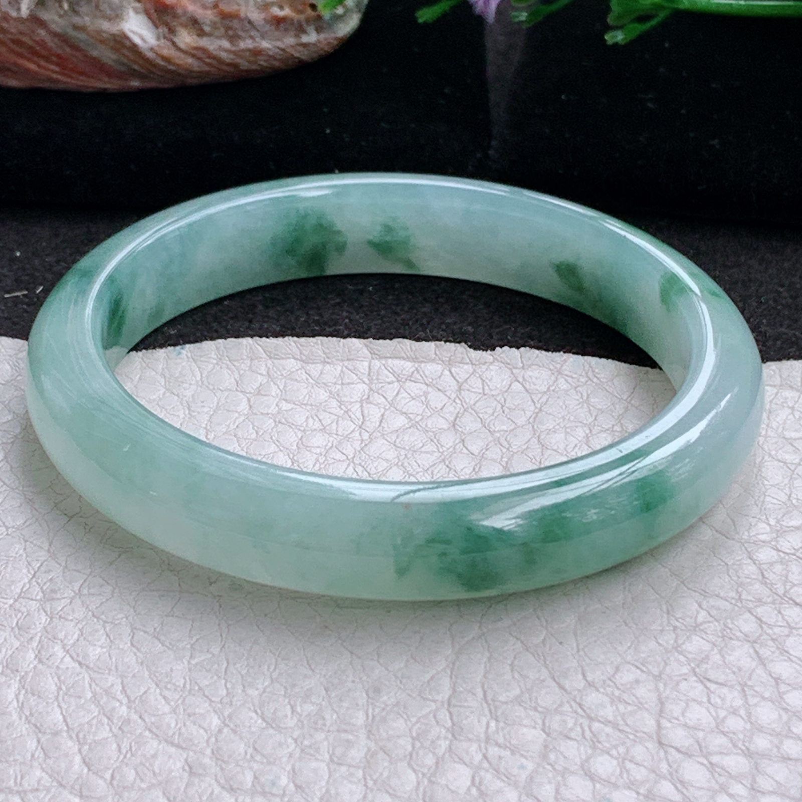 n实拍53.5*10.2*7.3平安镯 天然缅甸翡翠a货手镯冰飘花正圈玉镯子