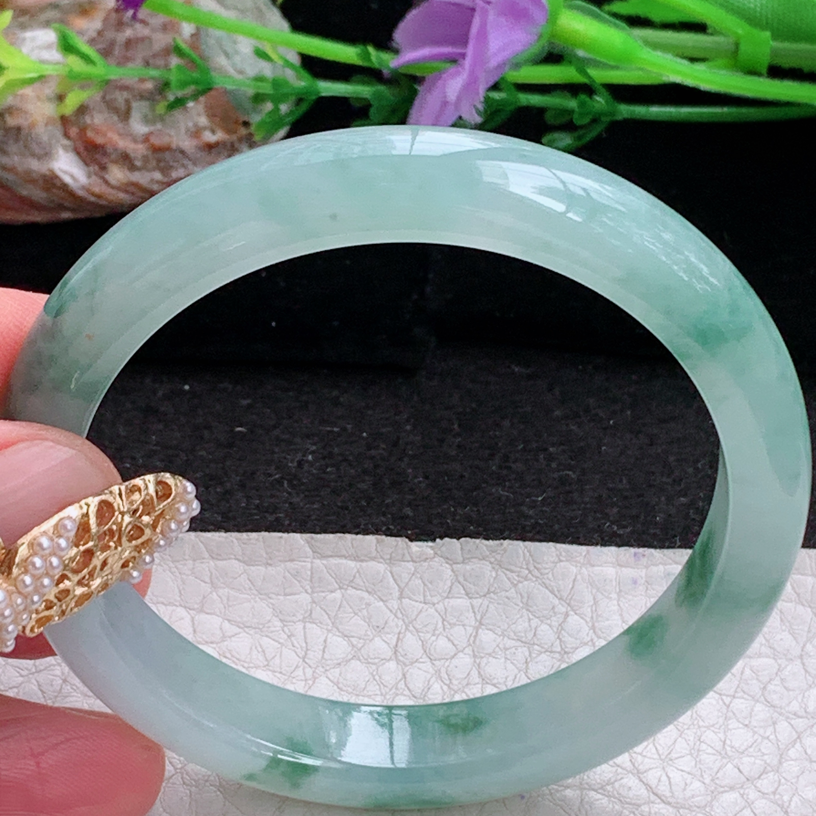 n实拍53.5*10.2*7.3平安镯 天然缅甸翡翠a货手镯冰飘花正圈玉镯子