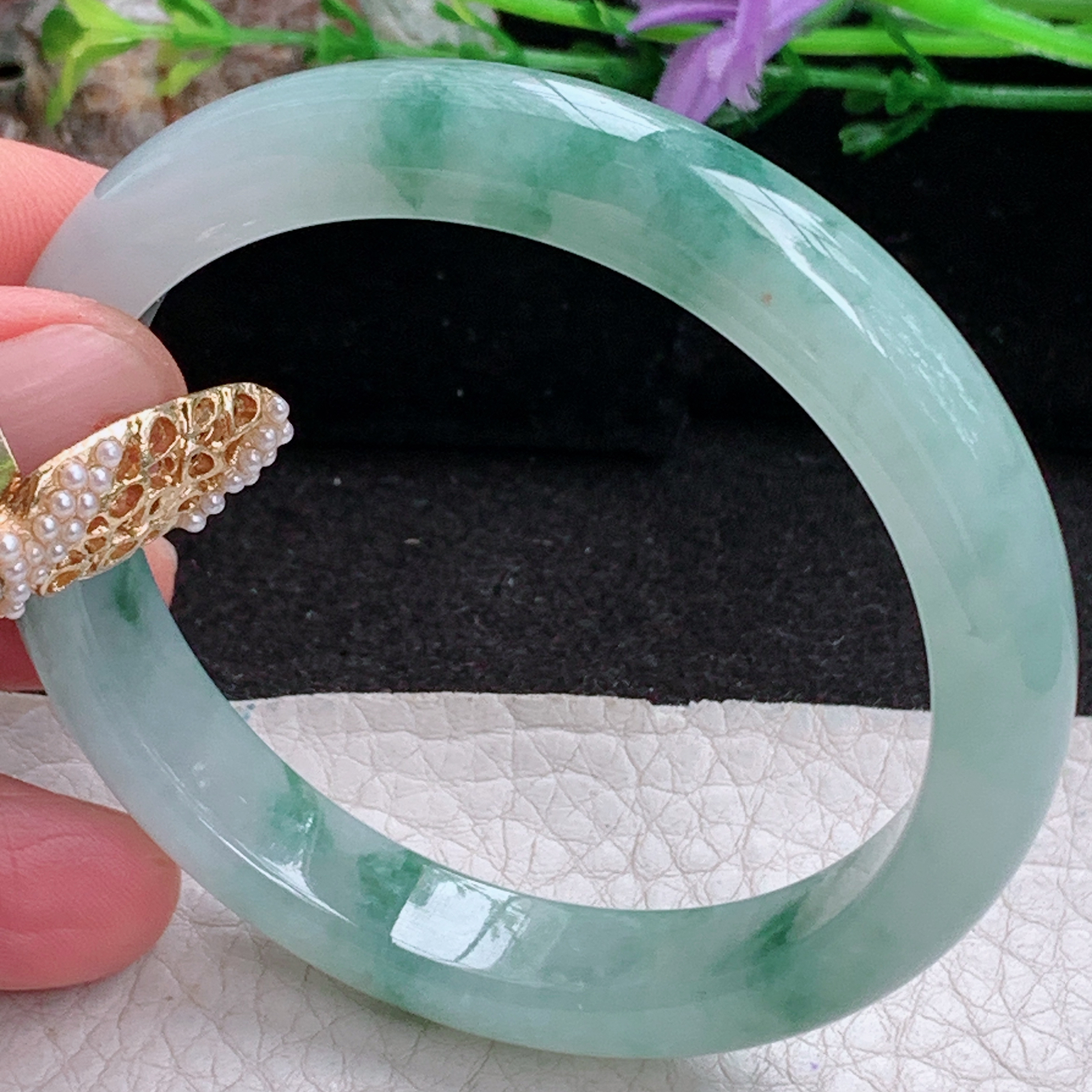 n实拍53.5*10.2*7.3平安镯 天然缅甸翡翠a货手镯冰飘花正圈玉镯子