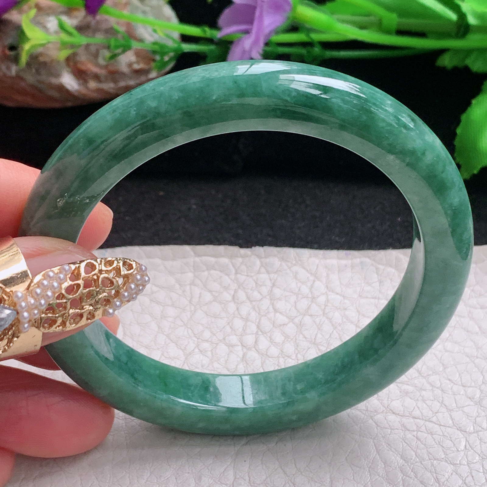 n实拍56*10*9平安镯 天然缅甸翡翠a货手镯满绿正圈玉镯子