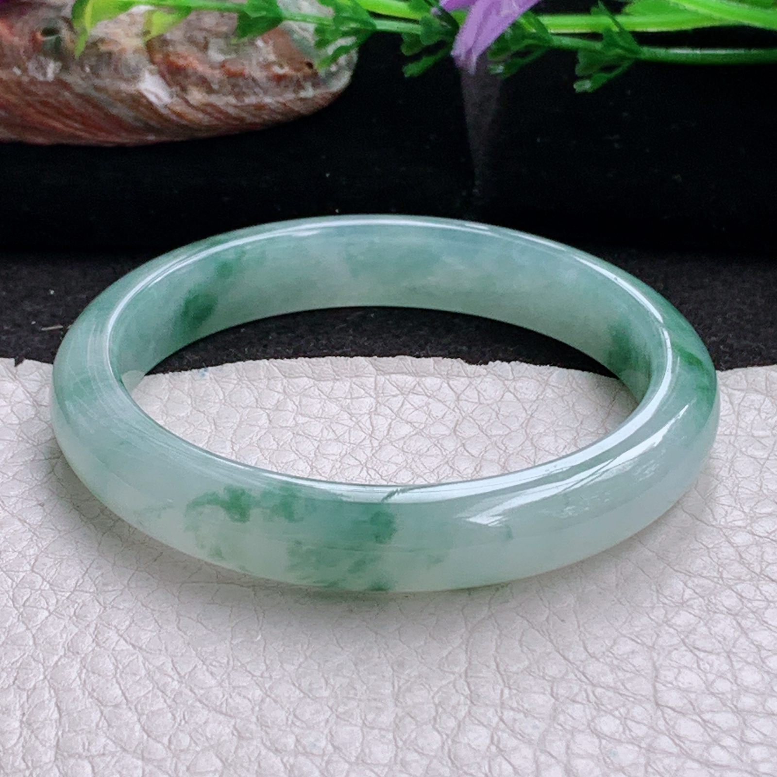 n实拍53.5*10.2*7.3平安镯 天然缅甸翡翠a货手镯冰飘花正圈玉镯子