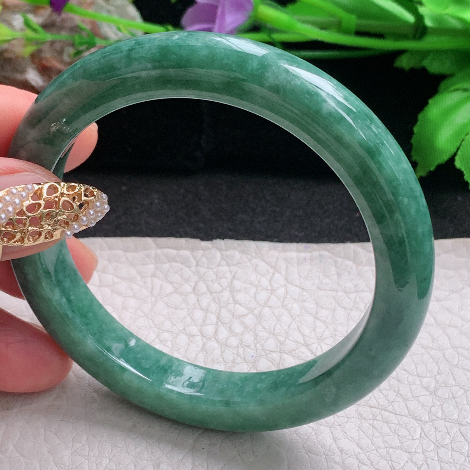n实拍56*10*9平安镯 天然缅甸翡翠a货手镯满绿正圈玉镯子