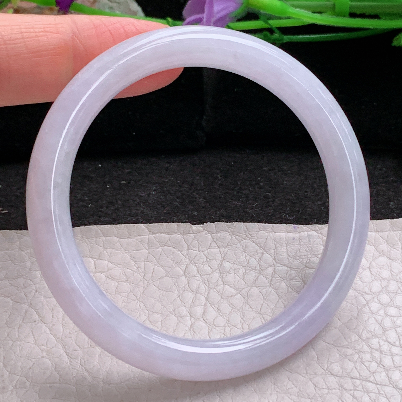 n小圈口52.5*8.5*8美人镯 天然缅甸翡翠a货手镯淡紫圆条叮当镯 玉镯子