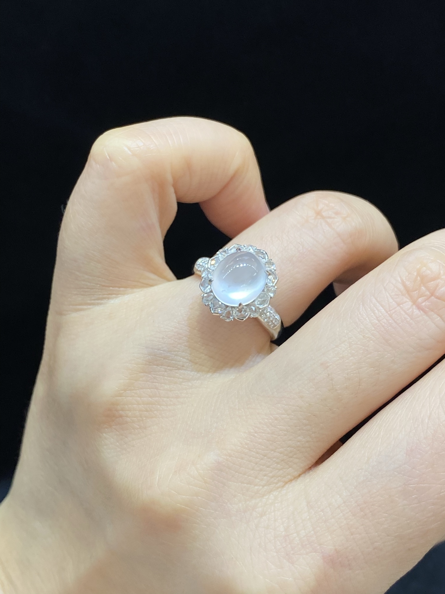 冰种 起光 纯净 蛋面 无封底 戒指 18k金 整体尺寸14-12.5-11.5/9.8-8.3-4.6裸石