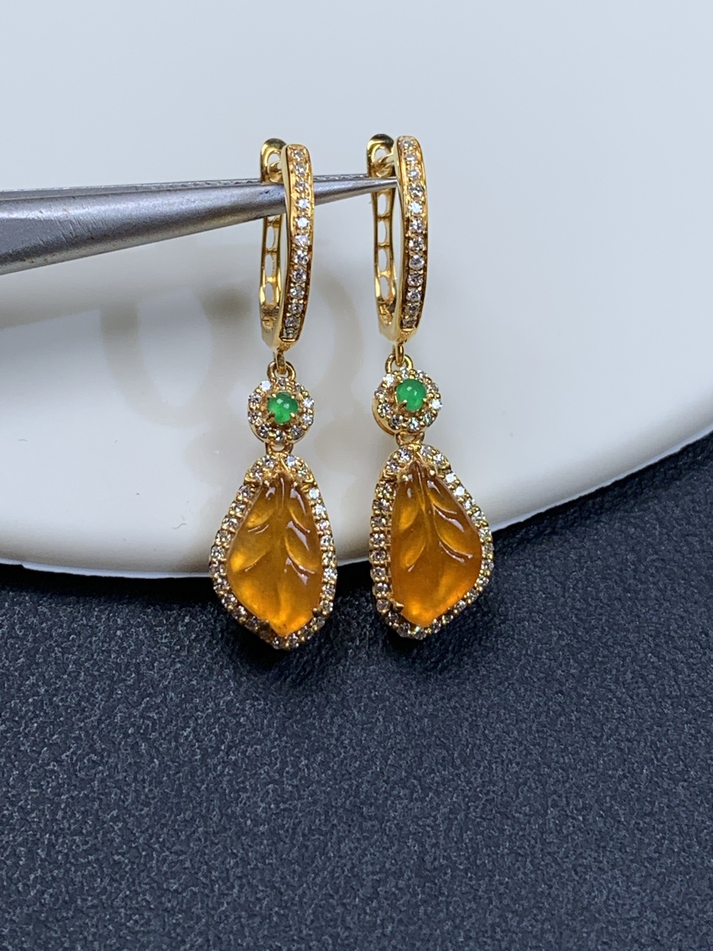 ️18k金镶嵌冰黄叶子耳包26.5-7.3-4.5，裸石9-5.3-2.3