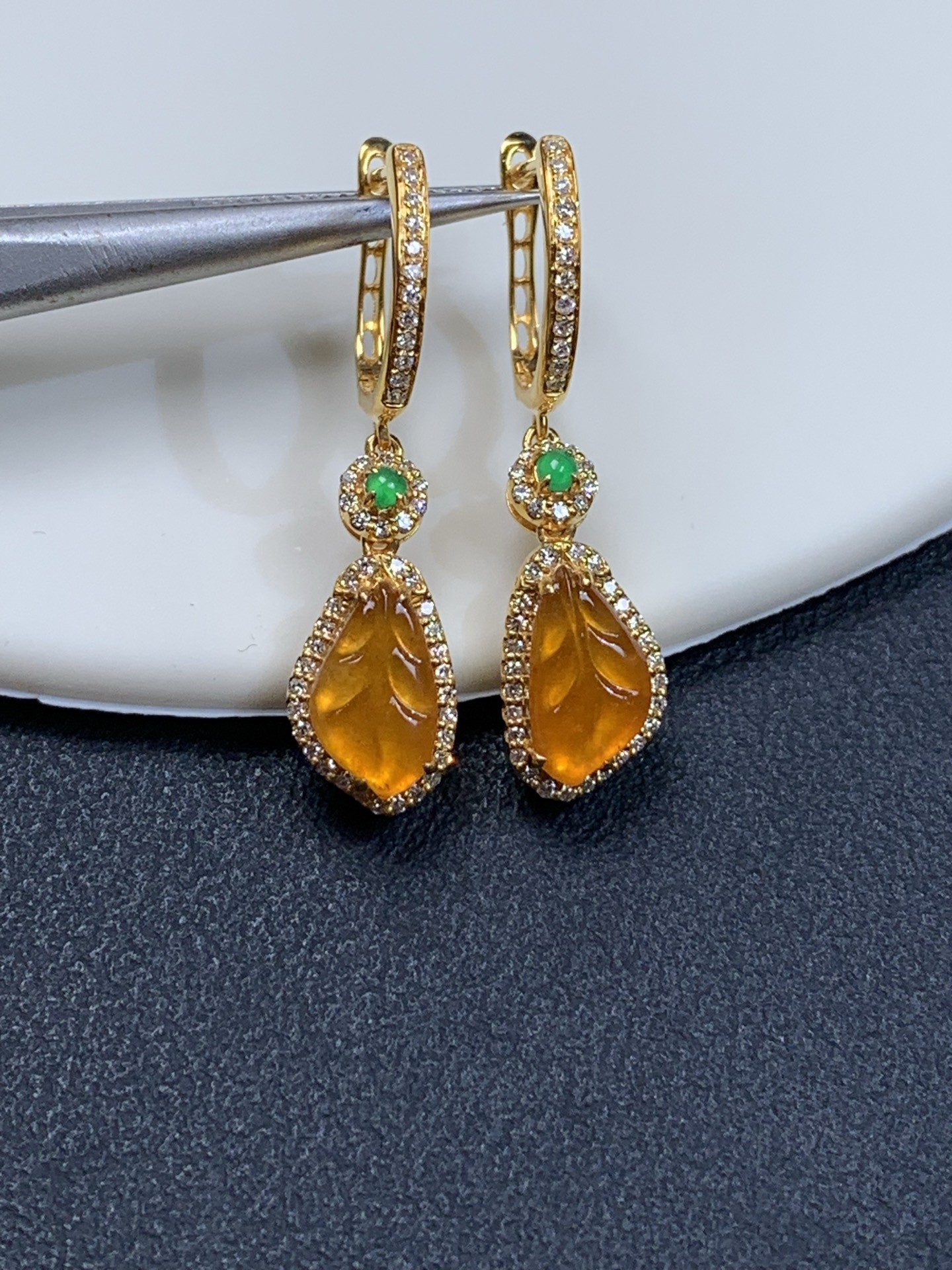 ️18k金镶嵌冰黄叶子耳包26.5-7.3-4.5，裸石9-5.3-2.3