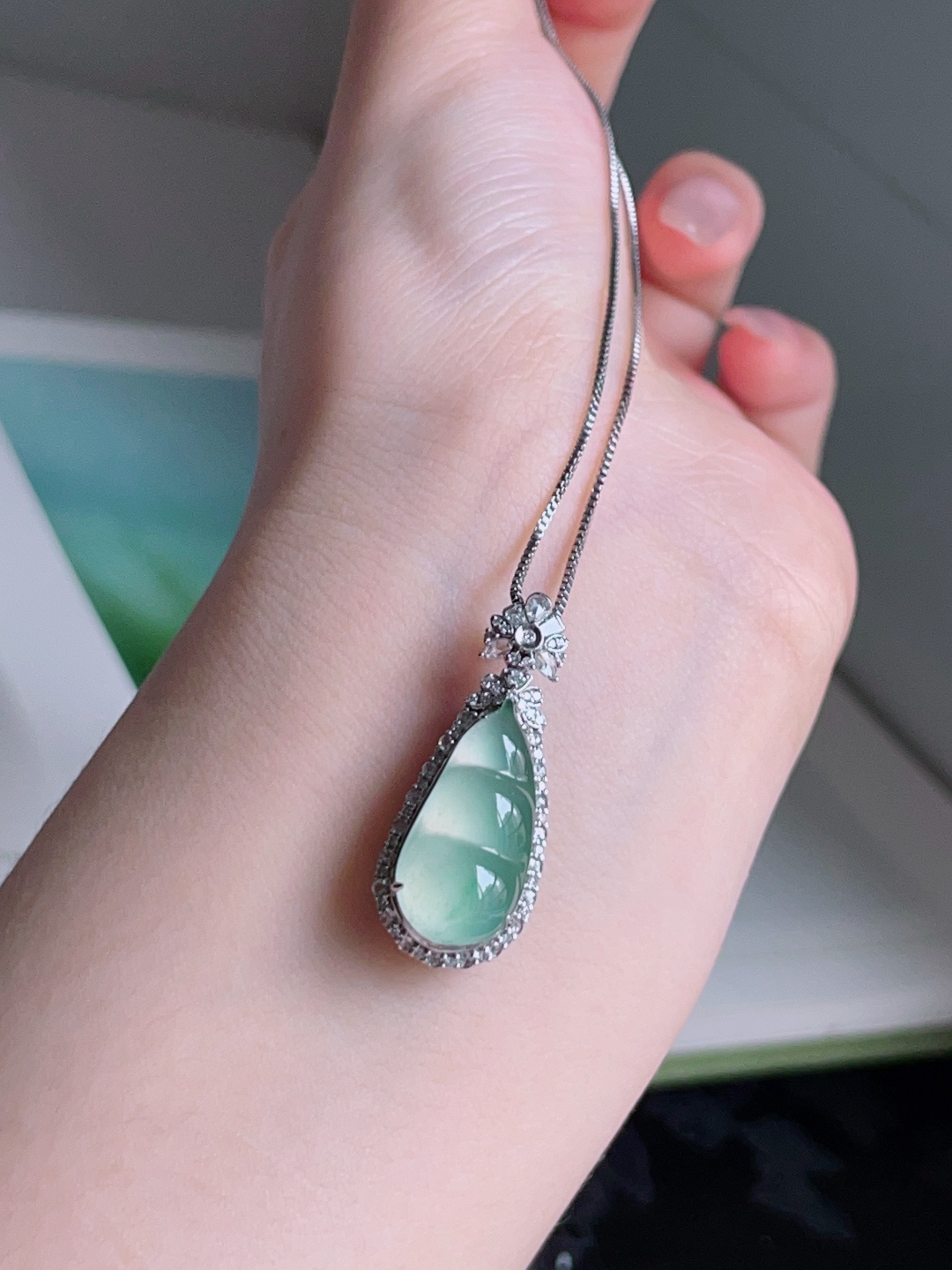 ️ 福豆，冰润通透，种老起光，18k金镶嵌 31.2/12.7/11.4，裸石 20.1/9.9