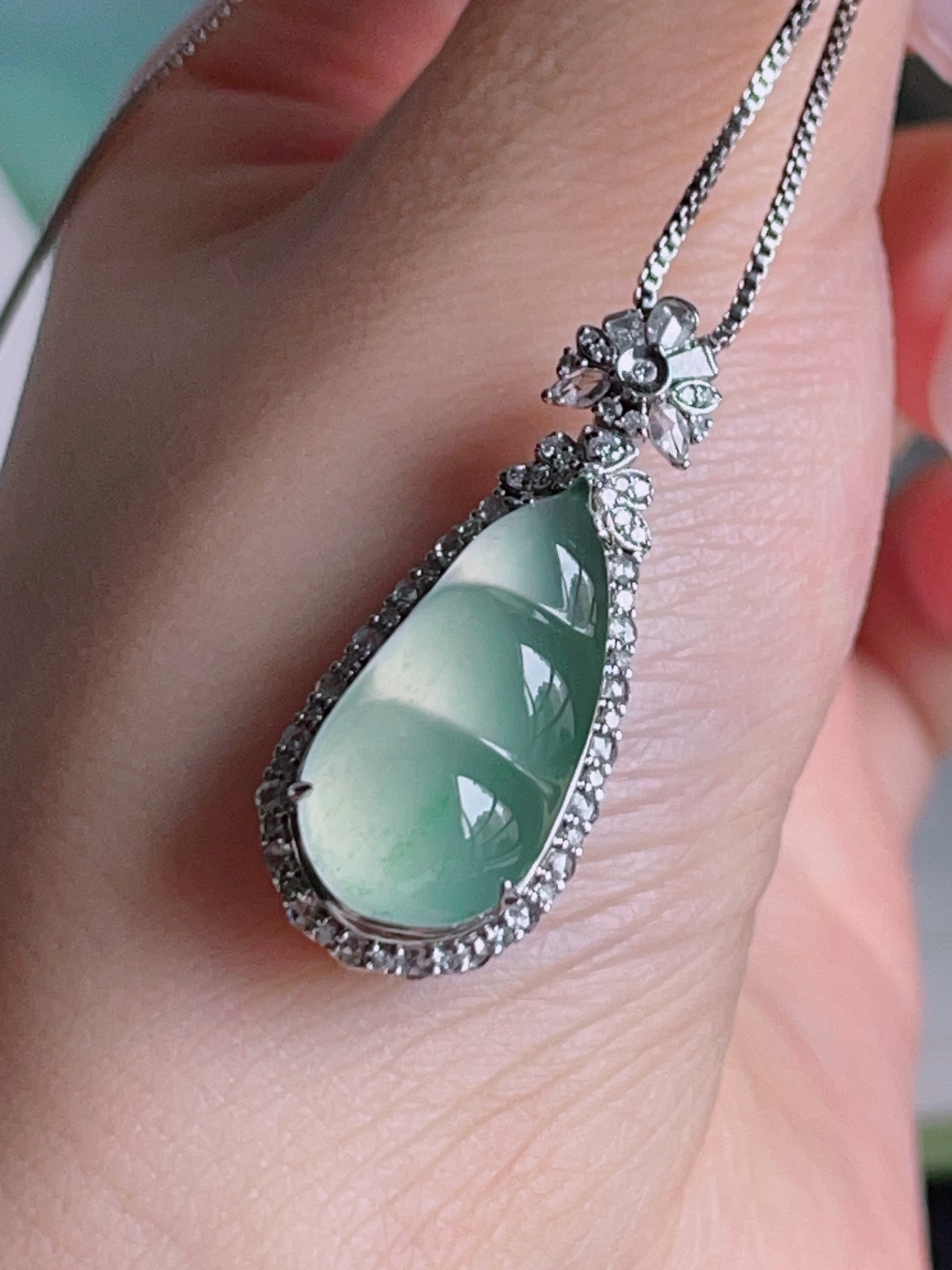 ️ 福豆，冰润通透，种老起光，18k金镶嵌 31.2/12.7/11.4，裸石 20.1/9.9