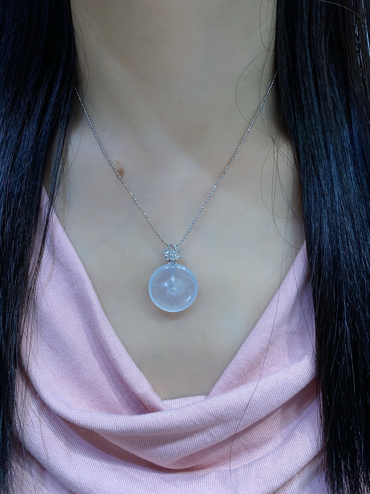 冰种 纯净 白底 平安扣 18k金 整体尺寸32-22.8-4.2，ss50182a