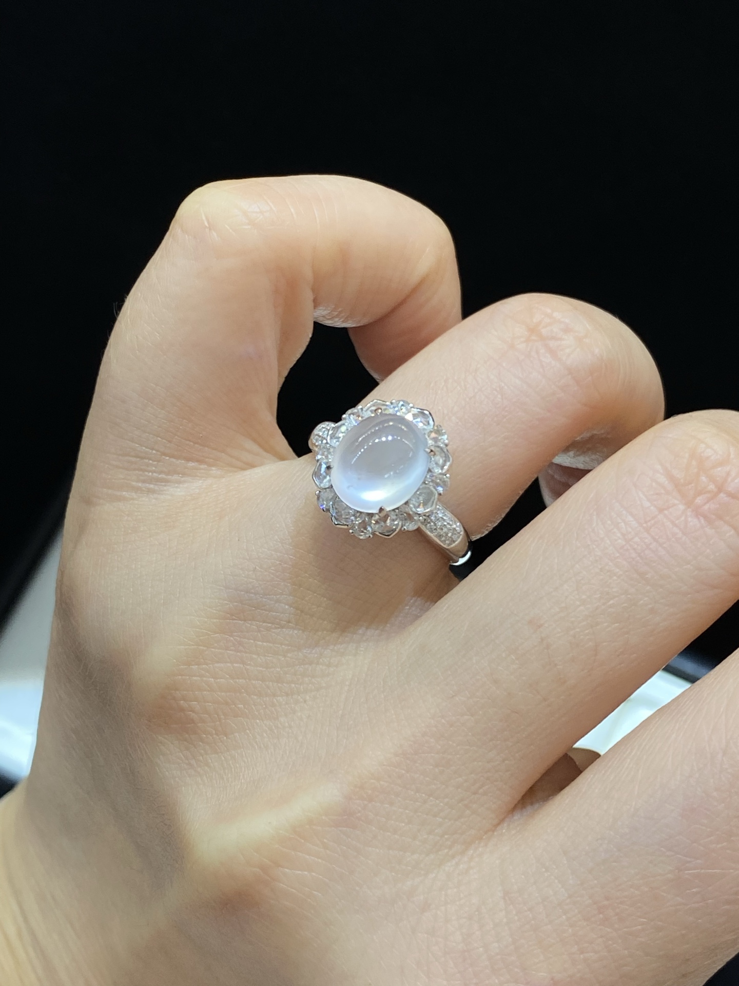 冰种 起光 纯净 蛋面 无封底 戒指 18k金 整体尺寸14-12.5-11.5/9.8-8.3-4.6裸石