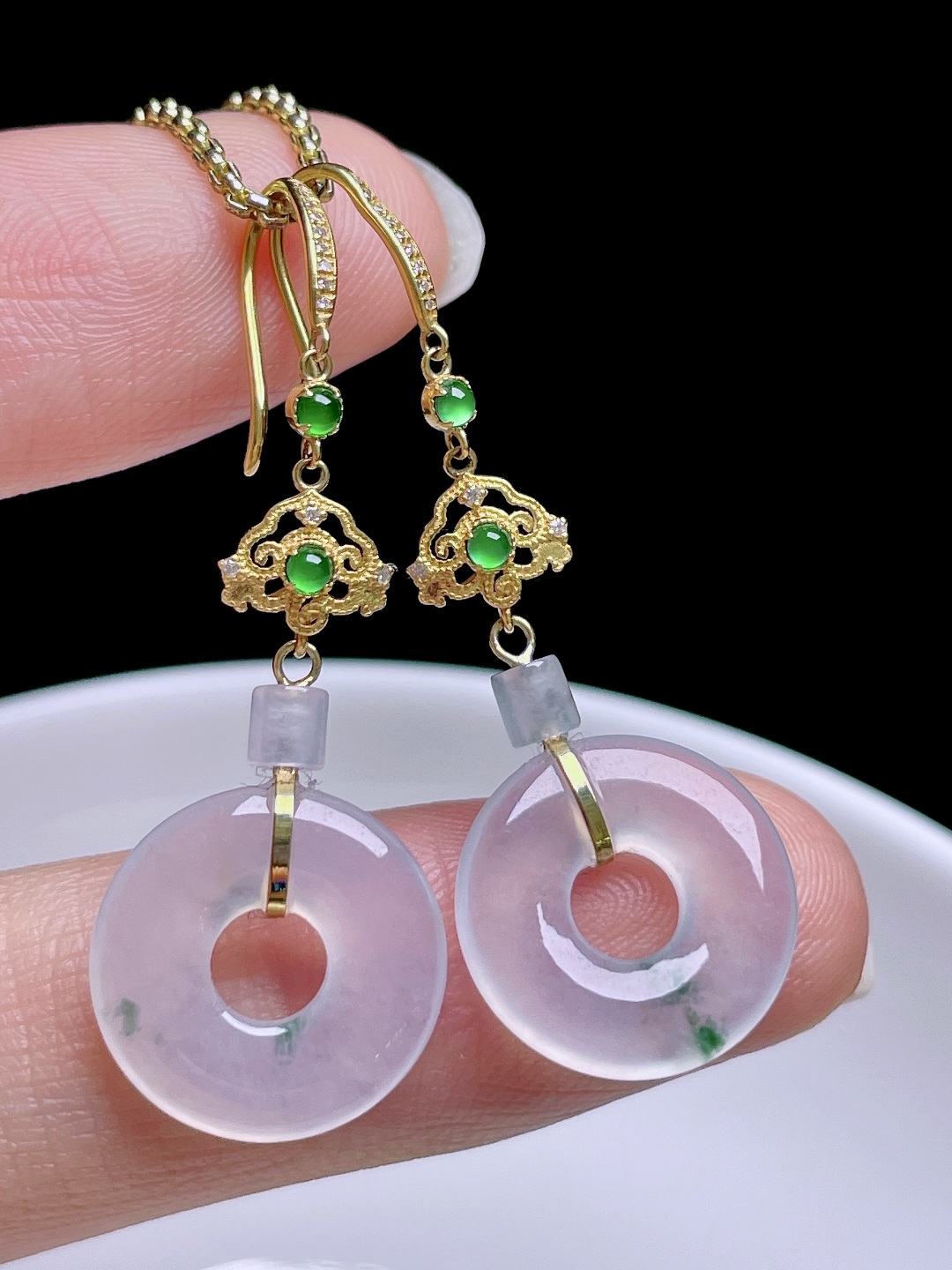 ️ 冰飘花甜甜圈耳坠 飘花灵动，种老水润，18k金镶嵌 整体：37 裸石：13.8/2.9