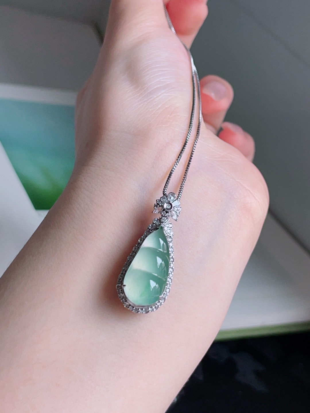 ️ 福豆，冰润通透，种老起光，18k金镶嵌 31.2/12.7/11.4，裸石 20.1/9.9