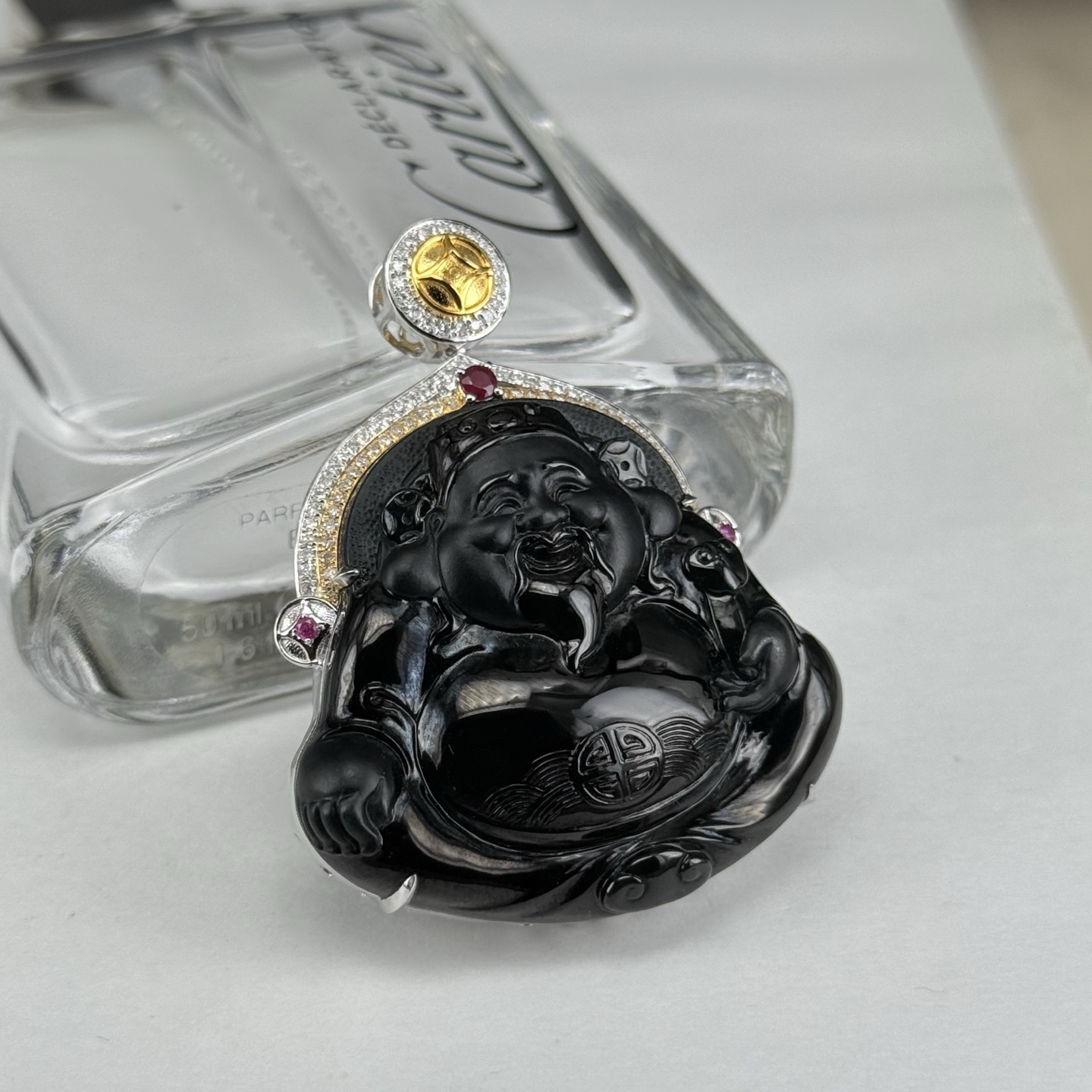 精品18k墨翠财神爷 种好色正 黑度极好 打灯通透 油性十足  尺寸50.2