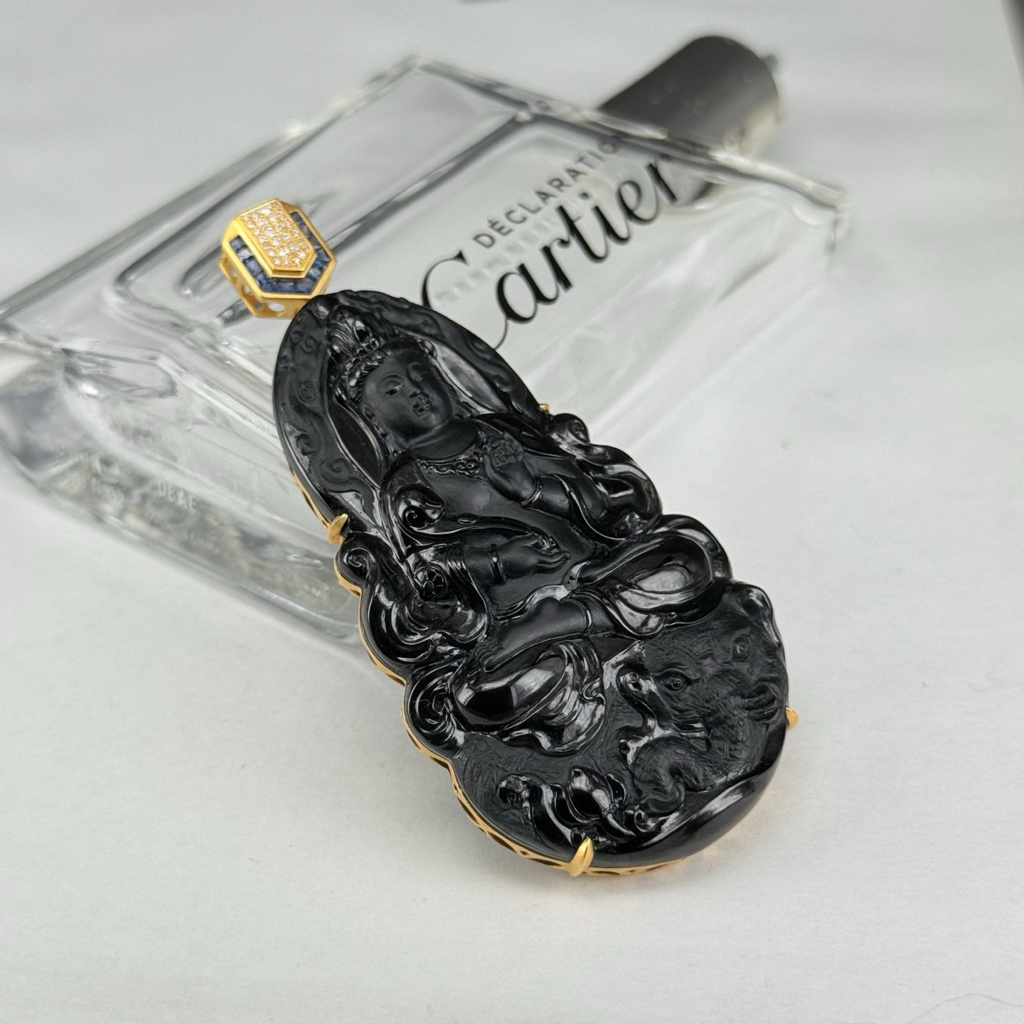 精品18k墨翠普贤菩萨 种好色正 黑度极好 打灯通透 油性十足 尺寸73.2