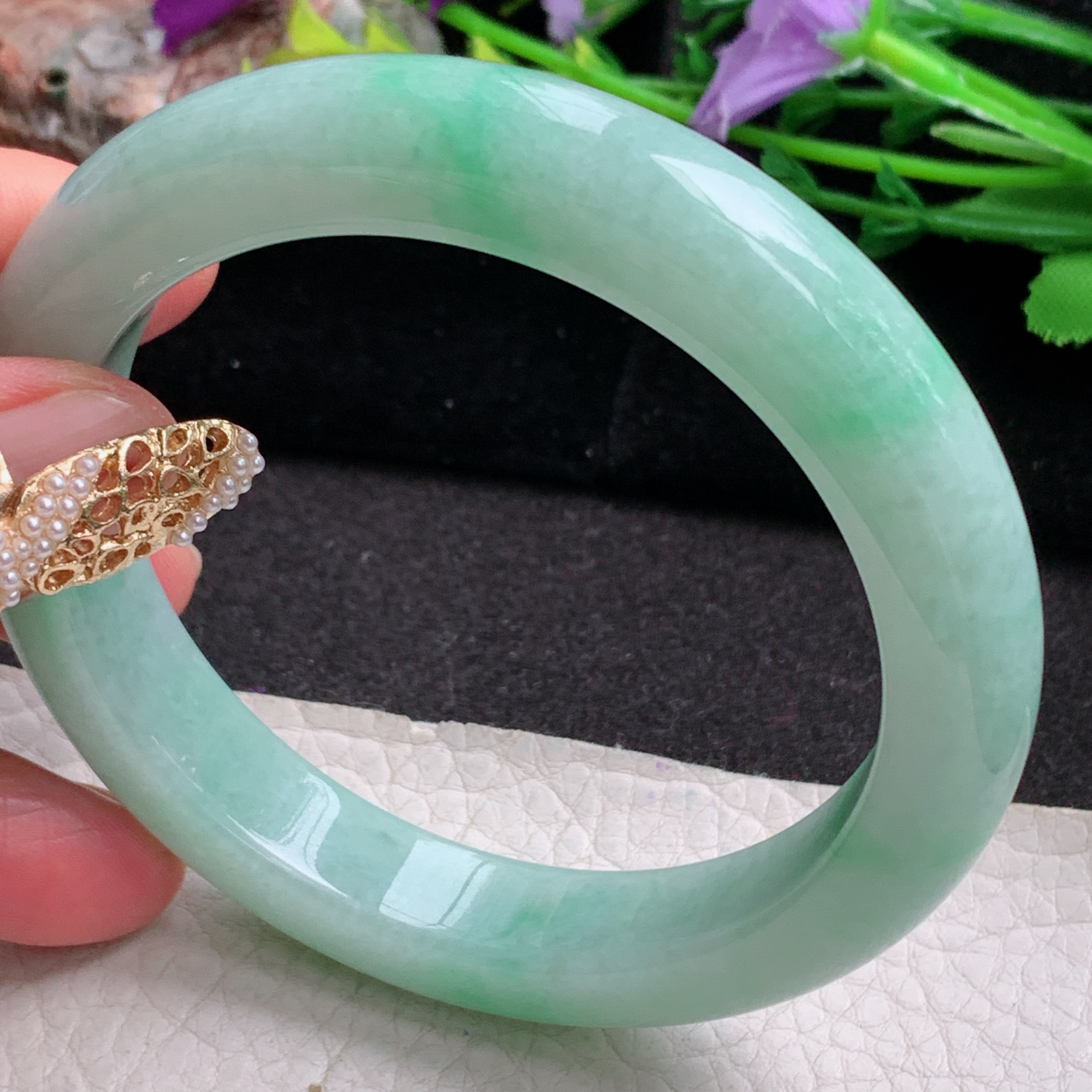 nr大圈口61.5*12.2*10平安镯 天然缅甸翡翠a货手镯飘绿水润大气玉镯子