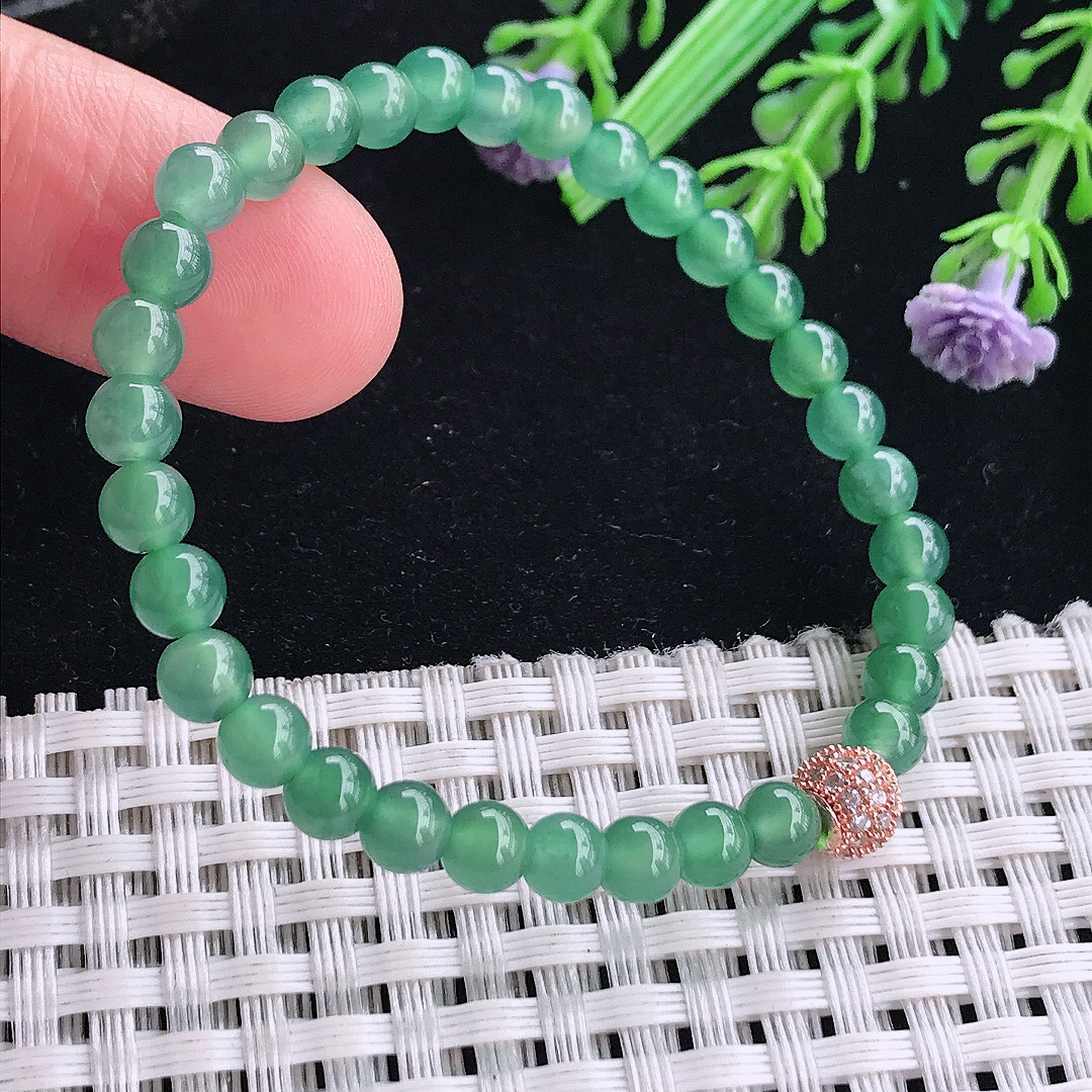 自然光5/32颗老坑冰润起胶满色蓝韵圆珠手链翡翠珠链手串百搭