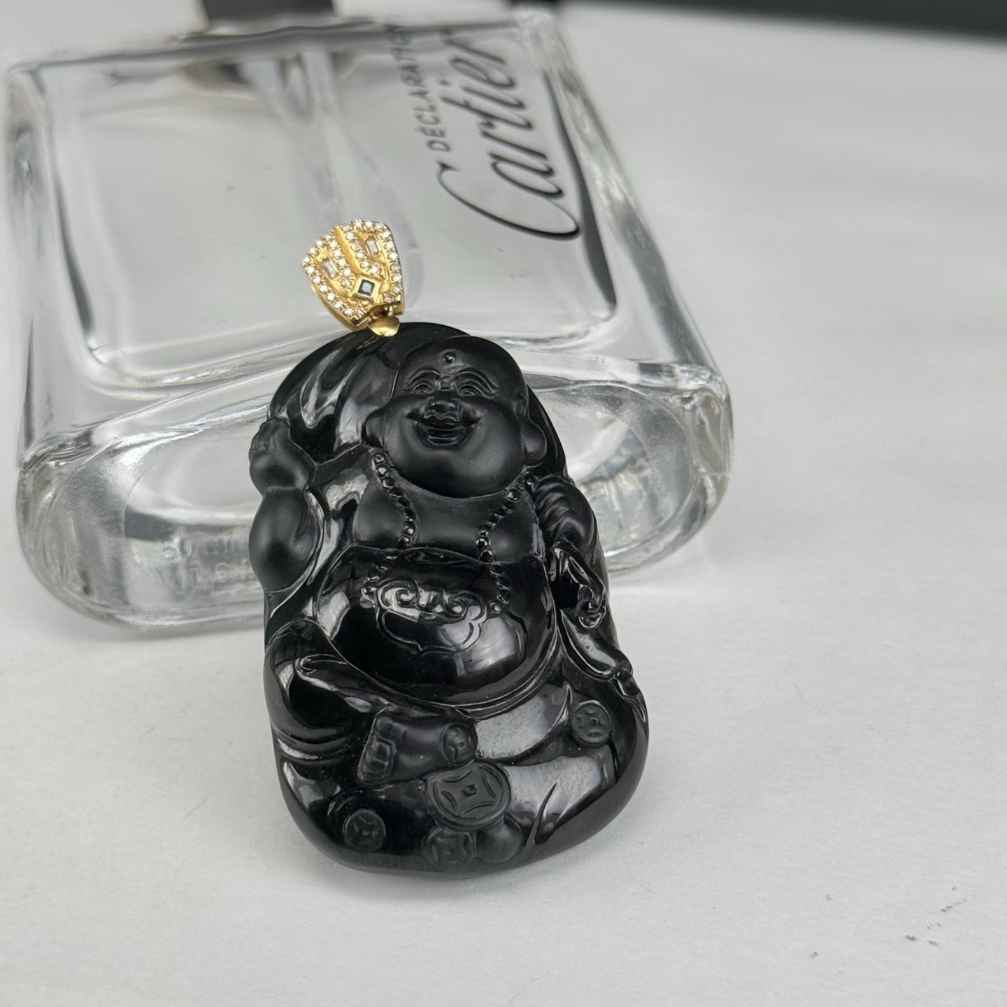 精品18k墨翠逍遥佛 种好色正 黑度极好 打灯通透 油性十足  尺寸52.1