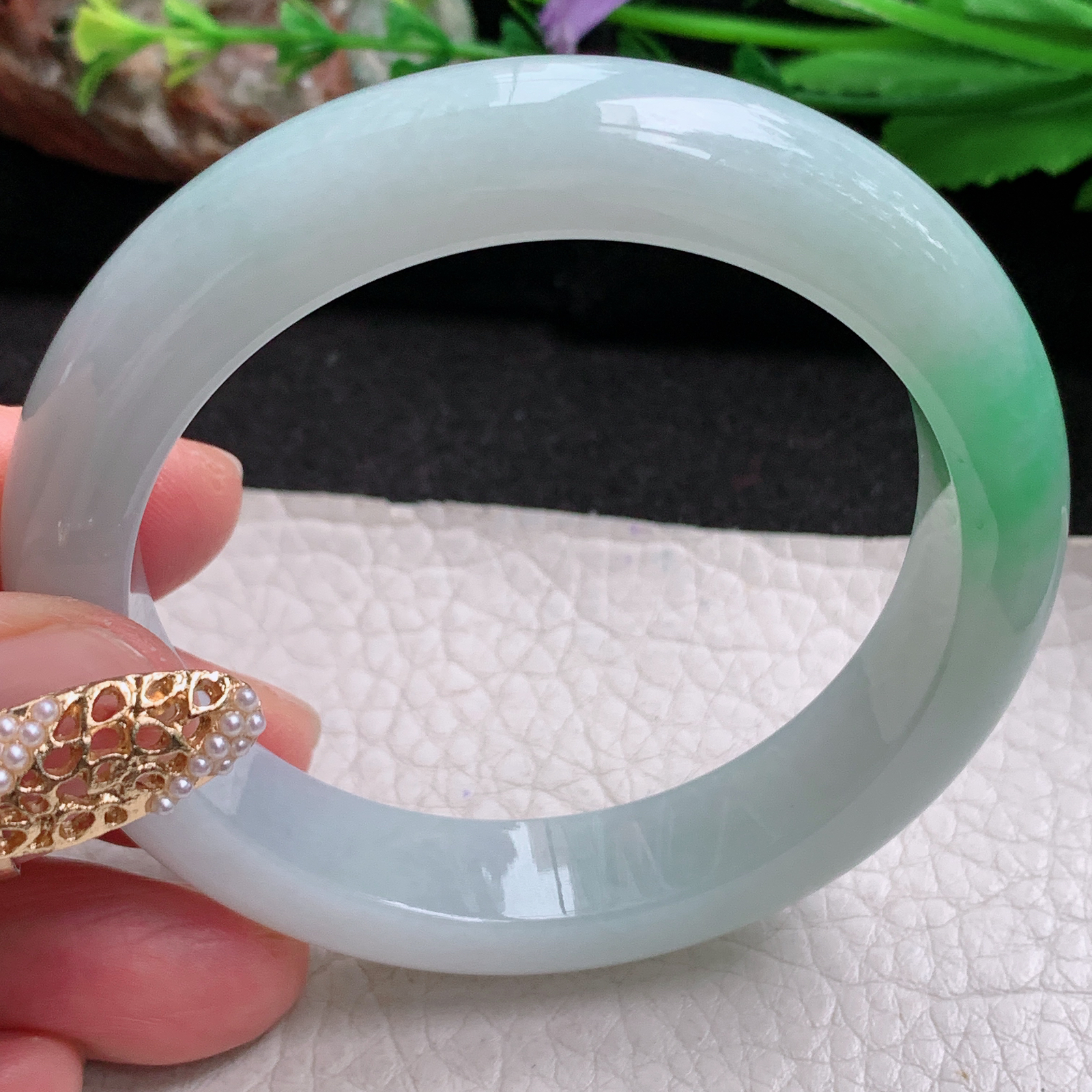 fx实拍53.5*12*8.5平安镯 天然缅甸翡翠a货手镯白底青飘绿正圈玉镯子