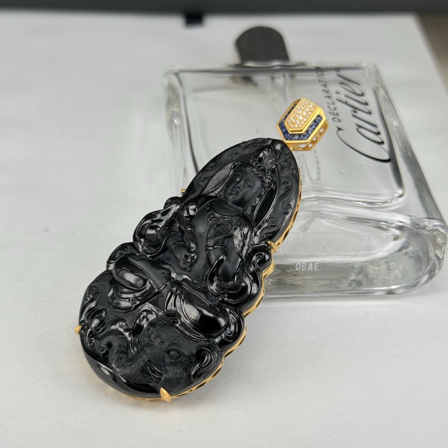 精品18k墨翠普贤菩萨 种好色正 黑度极好 打灯通透 油性十足 尺寸73.2