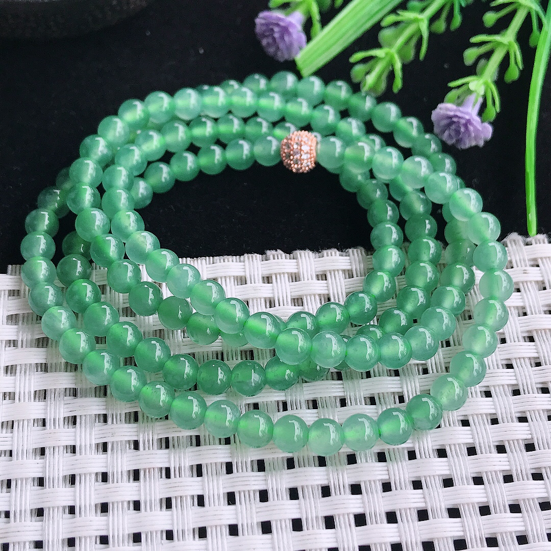 自然光5/138颗老坑冰透起胶满绿冰晴绿项链翡翠珠链百搭