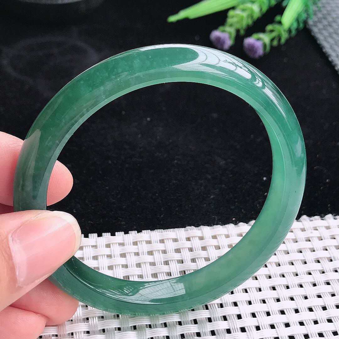 实拍A货翡翠59/10.1/7.8老坑冰透起胶满色蓝韵手镯宽边玉镯平安镯