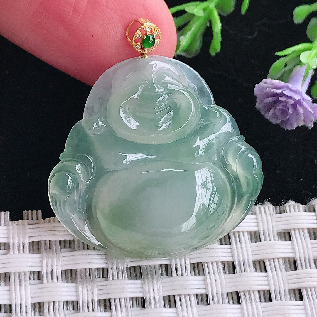 实拍a货翡翠26.2/28.3/5.3老坑18k金镶嵌冰晴绿佛公吊坠翡翠玉坠挂件
