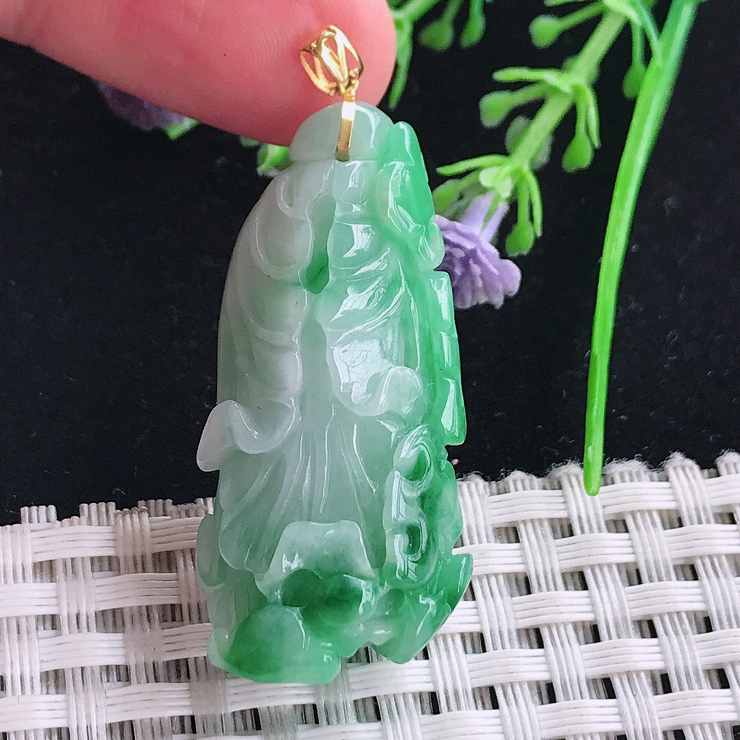 实拍a货翡翠39.8/18.5/14.5老坑18k金镶嵌精美飘绿白菜吊坠翡翠玉坠挂件