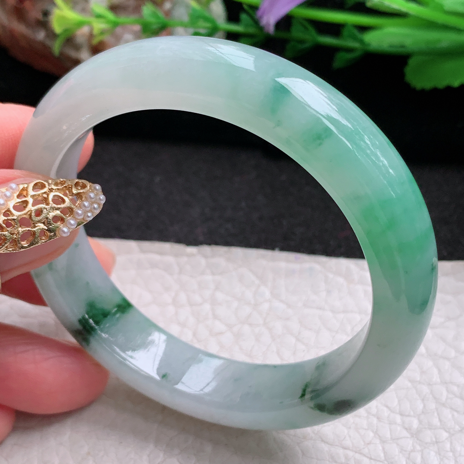 yh小圈口52*12.5*8平安镯 天然缅甸翡翠a货手镯冰润飘绿正圈玉镯子